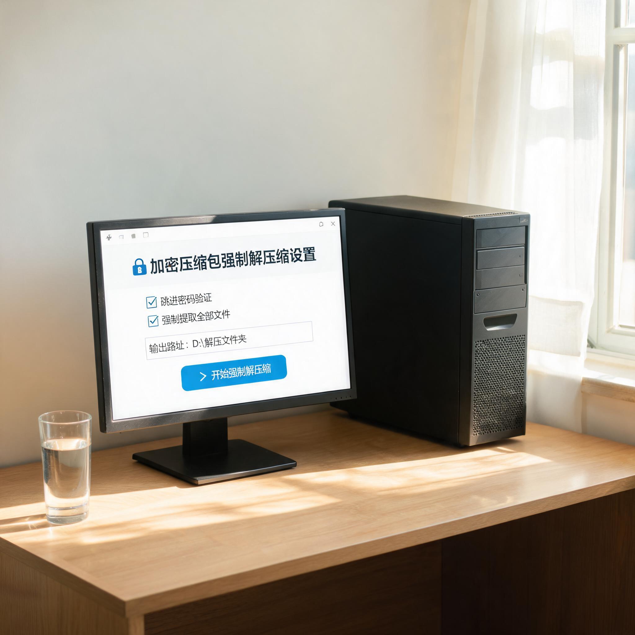 书桌上的主机，屏幕显示加密压缩包强制解压缩设置界面，桌角放着水杯，自然光