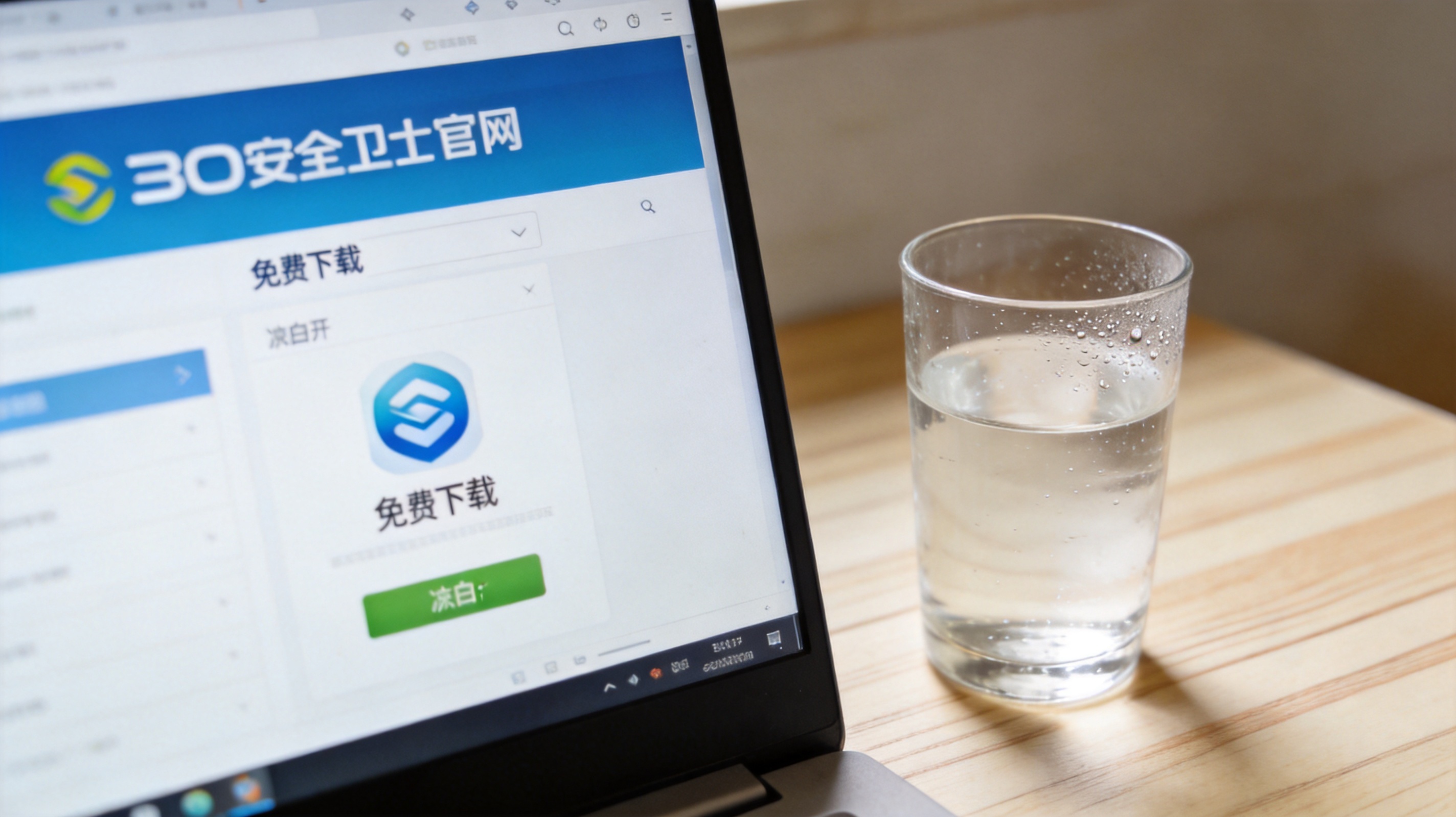 电脑桌面，屏幕显示360安全卫士官网的免费下载页面，旁边放着半杯凉白开，室内自然光