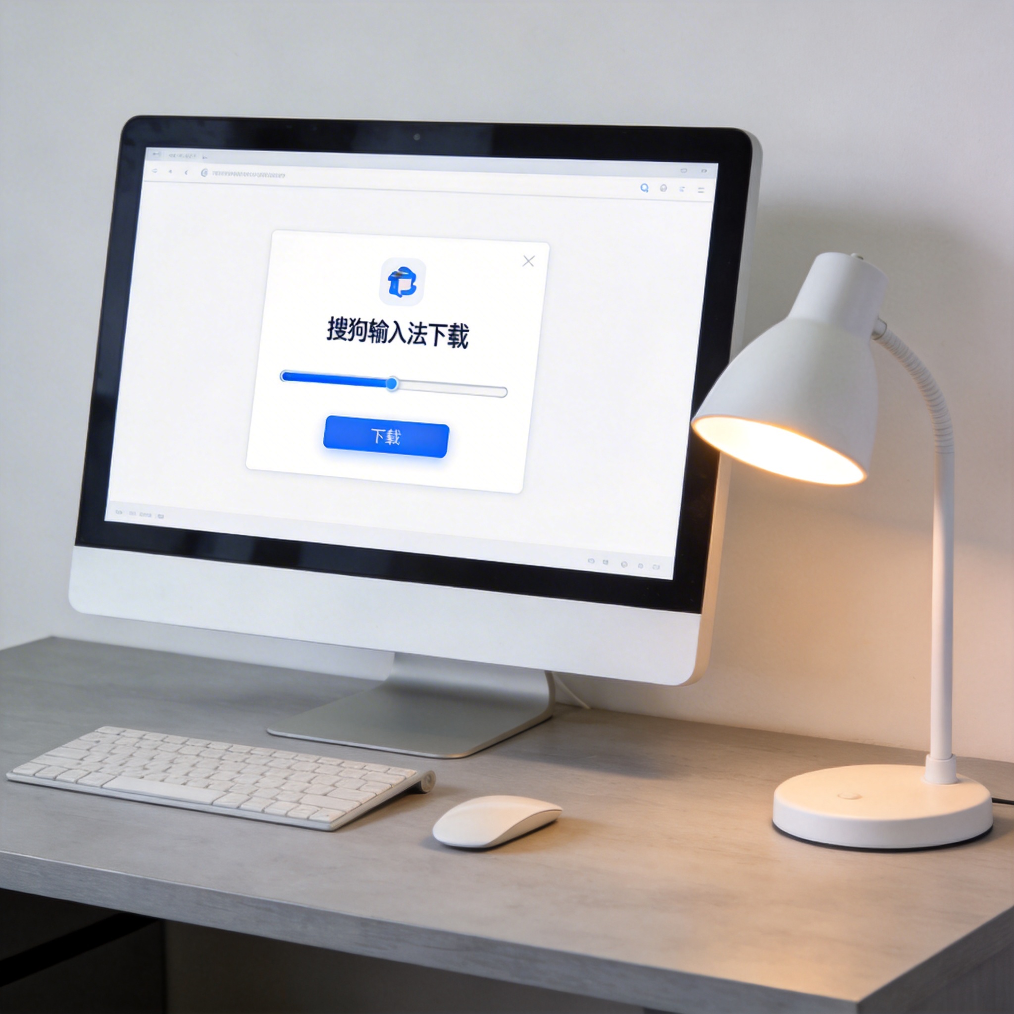电脑桌上的电脑，屏幕显示搜狗输入法下载界面，旁边放着台灯