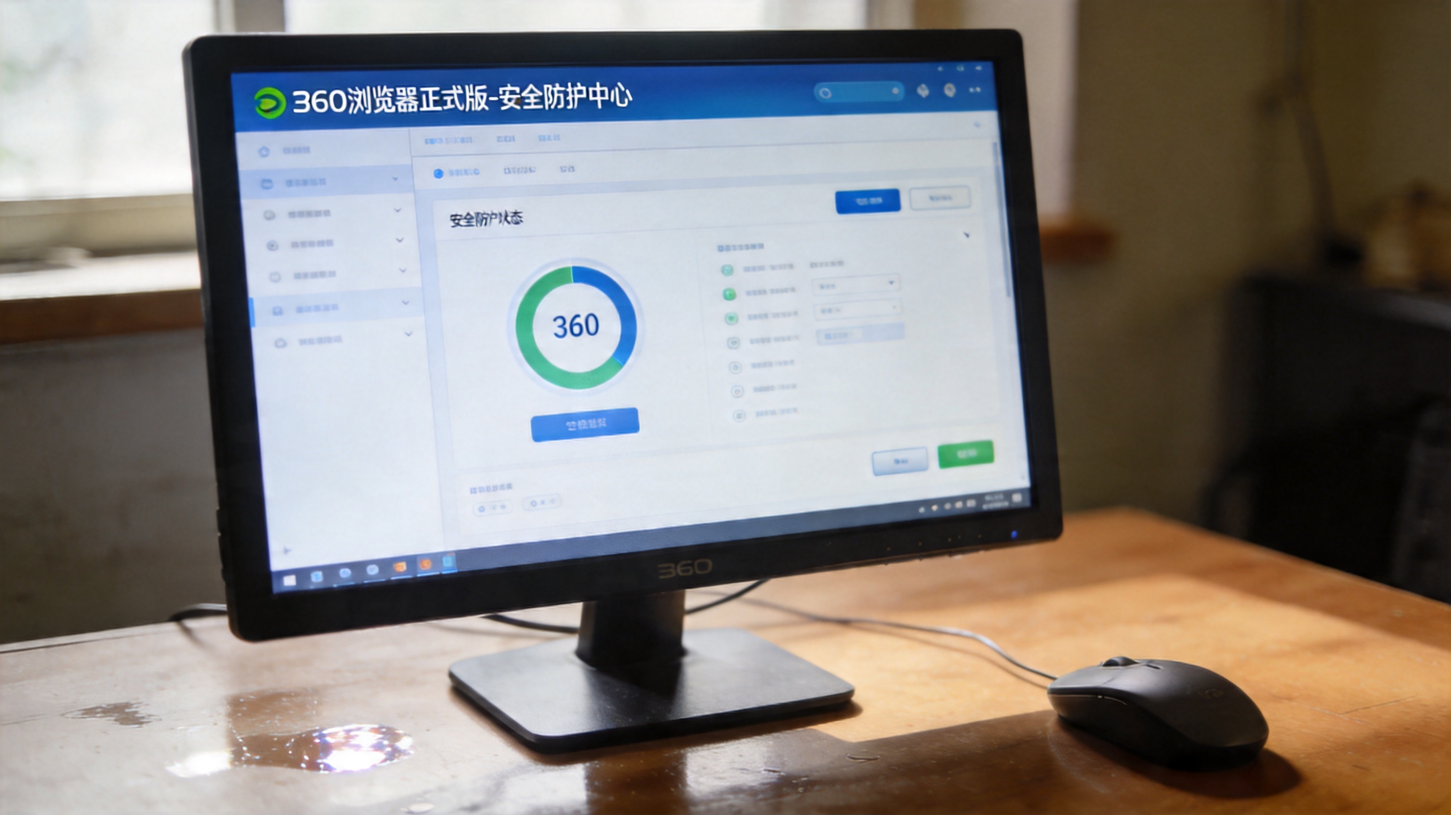 电脑桌面，屏幕显示360浏览器正式版的安全防护中心界面，旁边放着鼠标，室内自然光