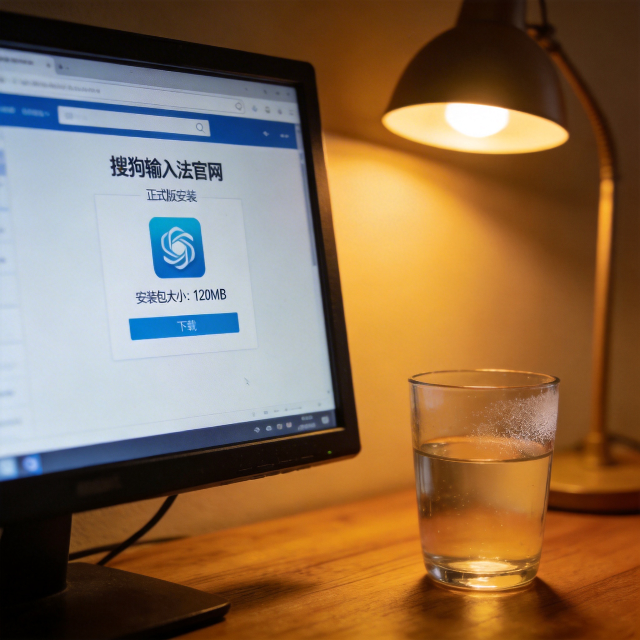 电脑屏幕显示搜狗输入法官网的正式版安装包下载页面，标注安装包大小120MB，旁边放着半杯温水，台灯暖光