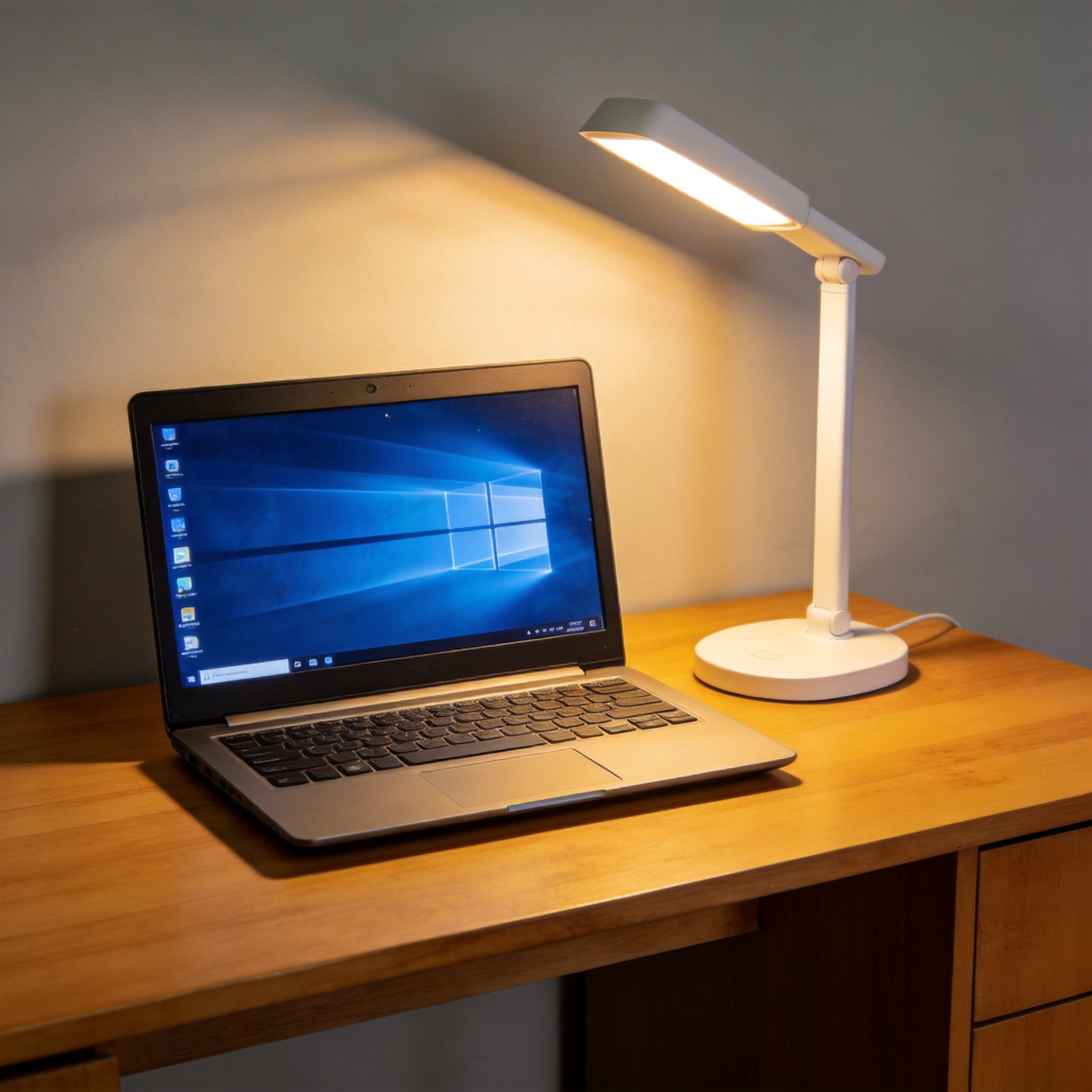 电脑桌上的电脑，屏幕显示Windows界面，旁边放着台灯