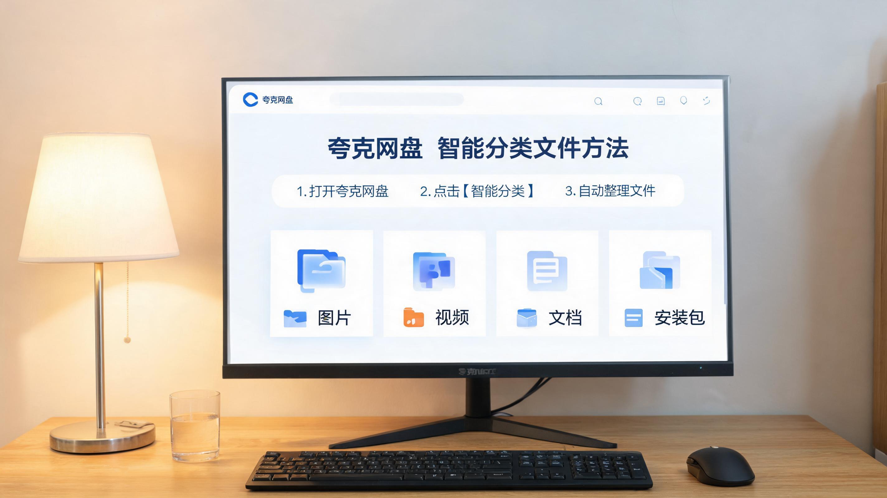 电脑桌上的电脑，屏幕显示夸克网盘智能分类文件方法界面，旁边放着台灯