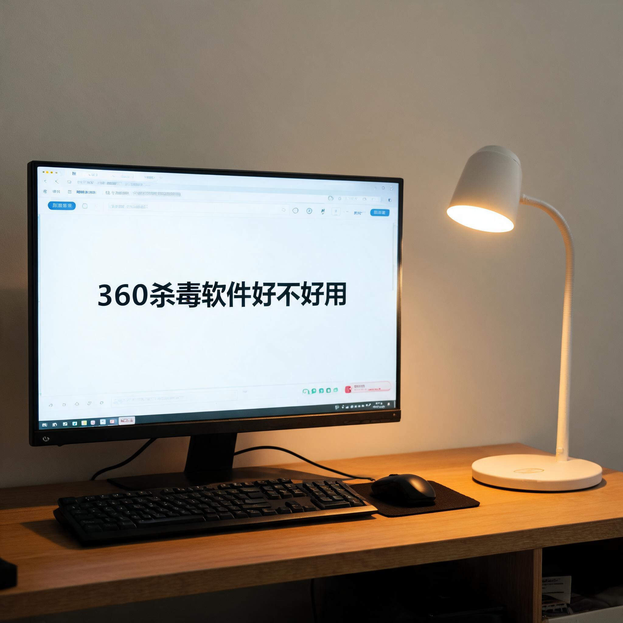电脑桌上的电脑，屏幕显示360 杀毒软件好不好用界面，旁边放着台灯