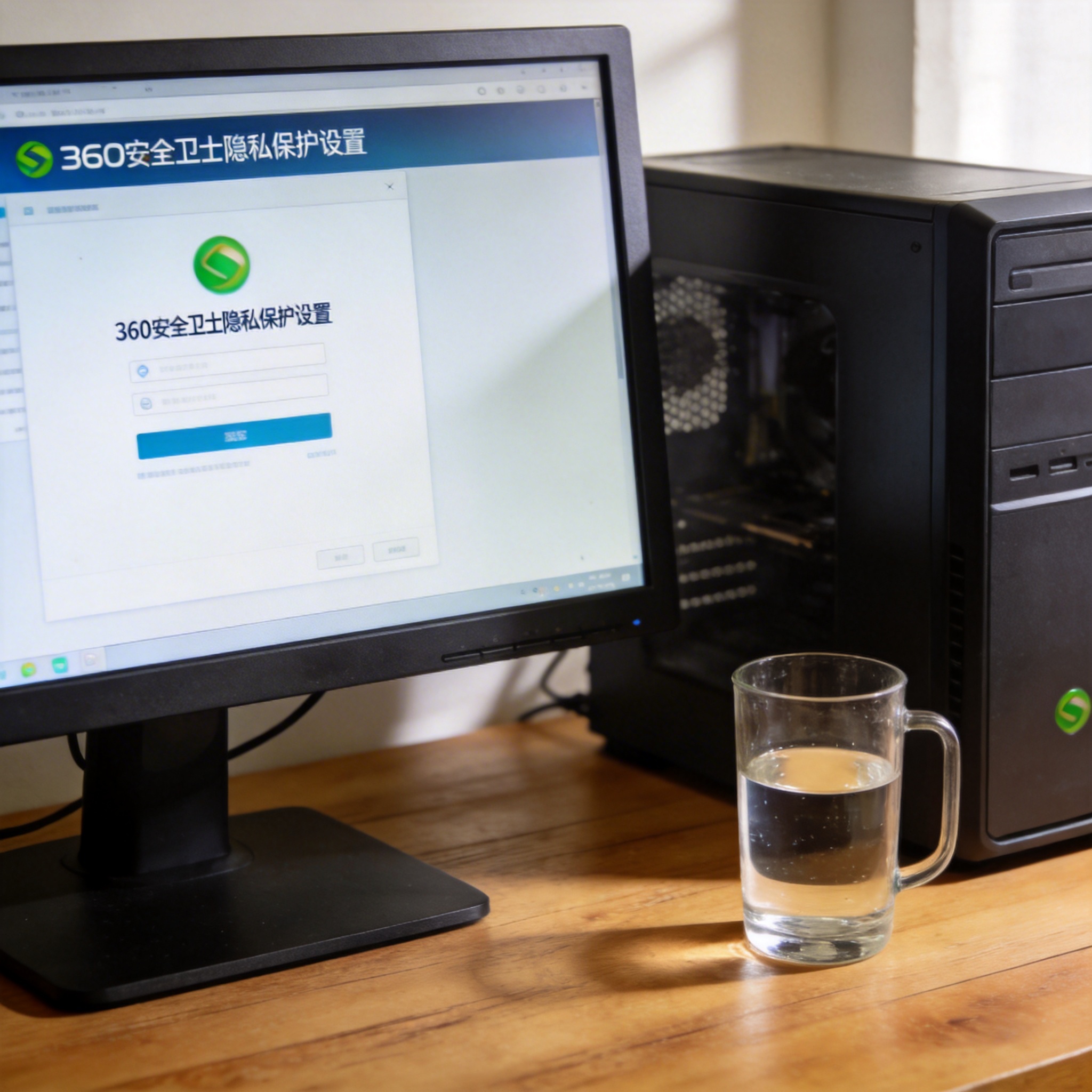 书桌上的主机，屏幕显示360 安全卫士隐私保护设置设置界面，桌角放着水杯，自然光