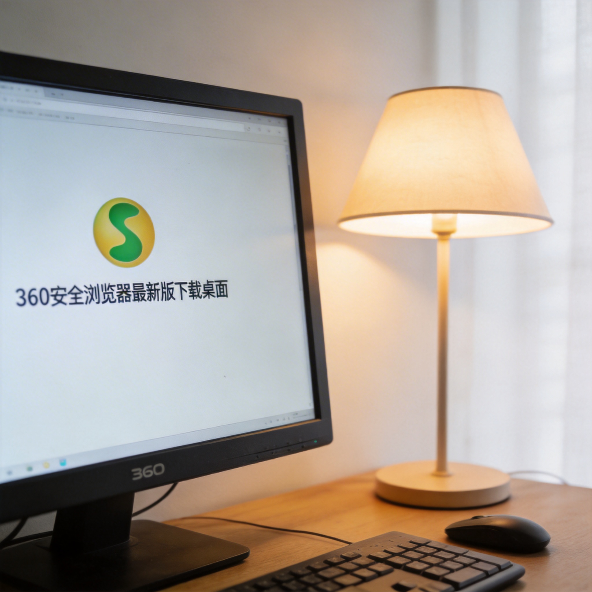 电脑桌上的电脑，屏幕显示360 安全浏览器最新版下载桌面，旁边放着台灯