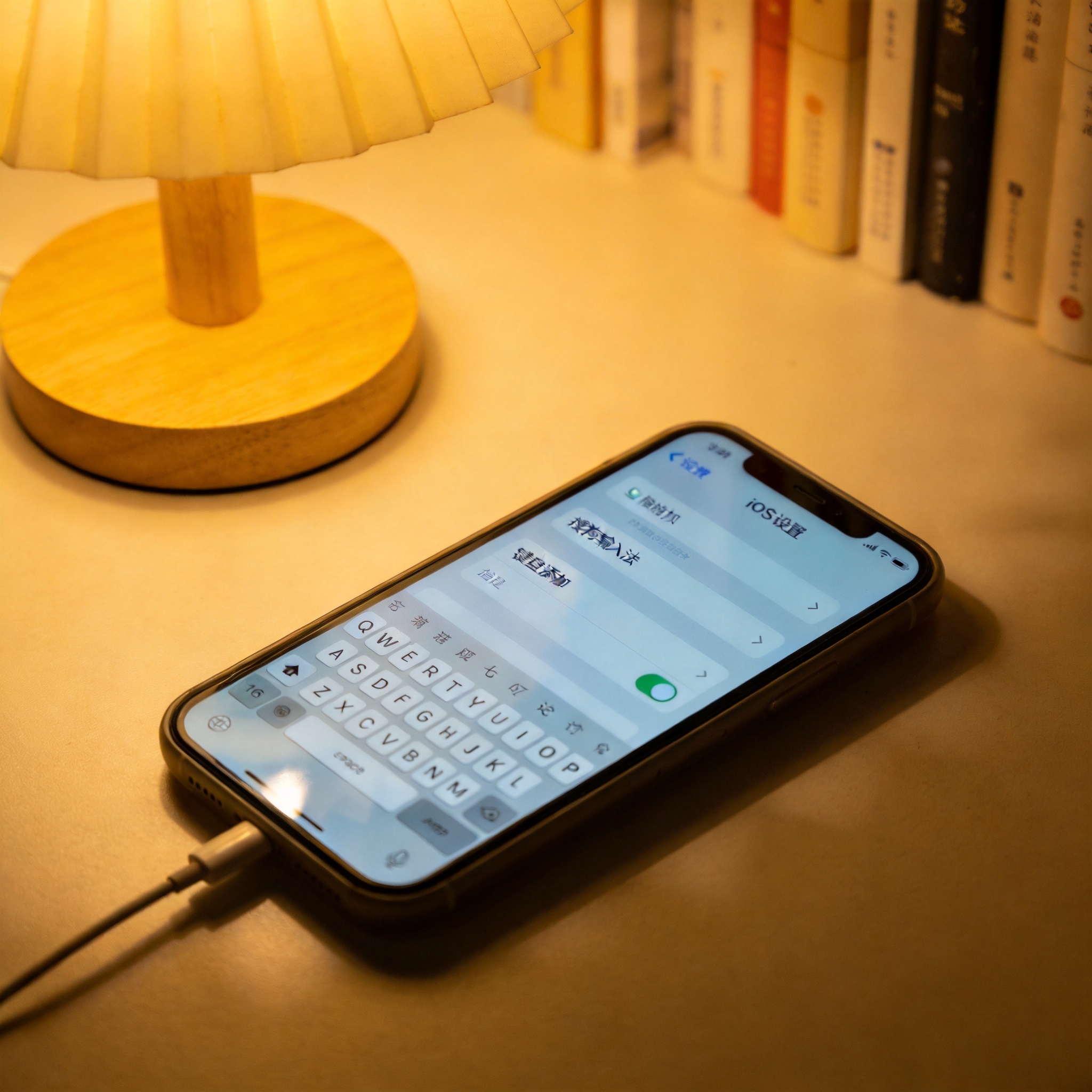 书桌的iPhone，屏幕显示iOS系统设置的键盘添加界面，已选中搜狗输入法，桌面角落有个充电线，台灯暖光