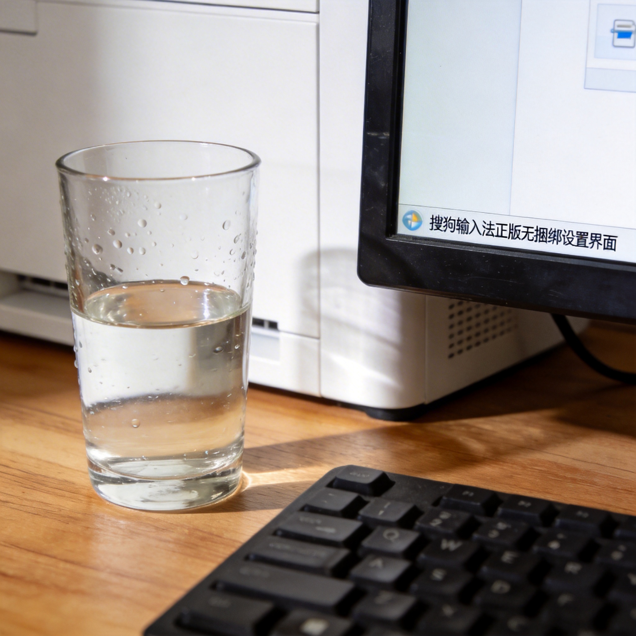 书桌上的主机，屏幕显示搜狗输入法正版无捆绑设置界面，桌角放着水杯，自然光