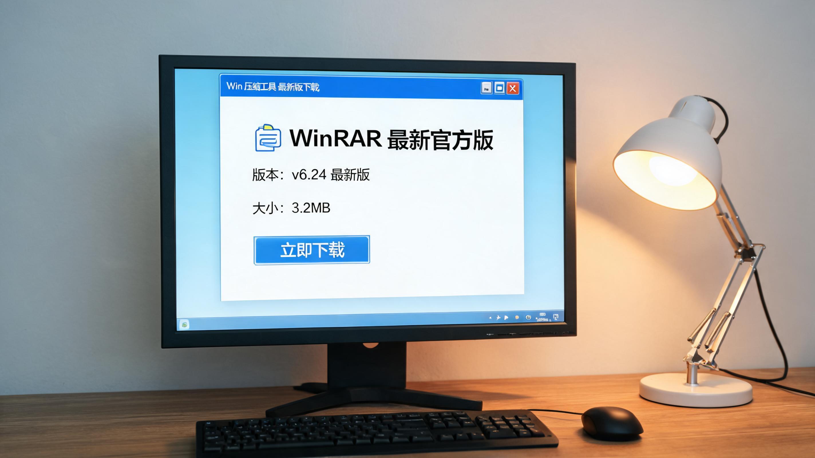 电脑桌上的电脑，屏幕显示win 压缩工具最新版下载窗口，旁边放着台灯