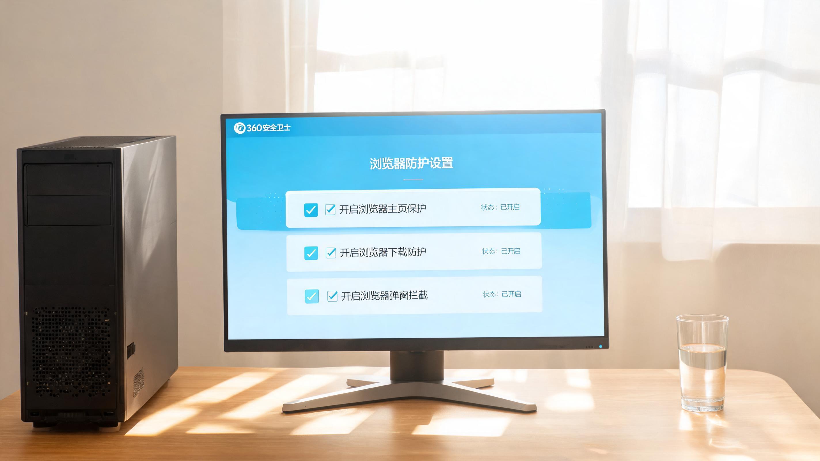 书桌上的主机，屏幕显示360 卫士浏览器防护功能设置界面，桌角放着水杯，自然光