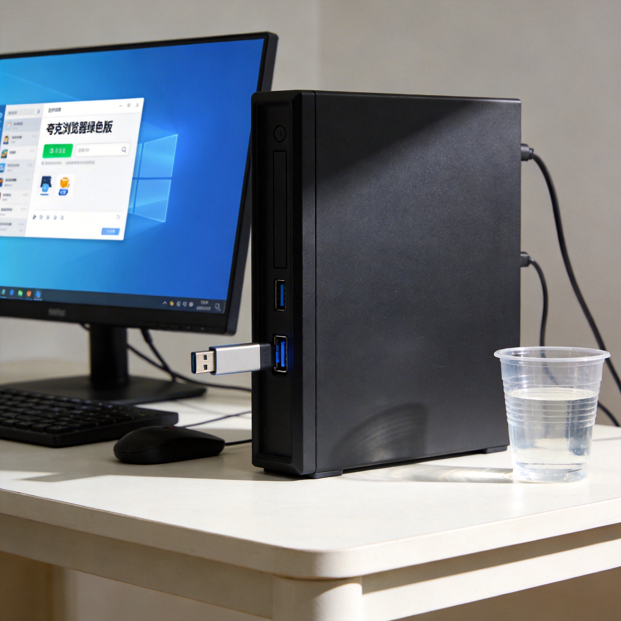 电脑桌前的台式机，屏幕显示夸克浏览器绿色版的网盘界面，U盘插在主机前置接口，桌角放着塑料水杯，屏幕光照明