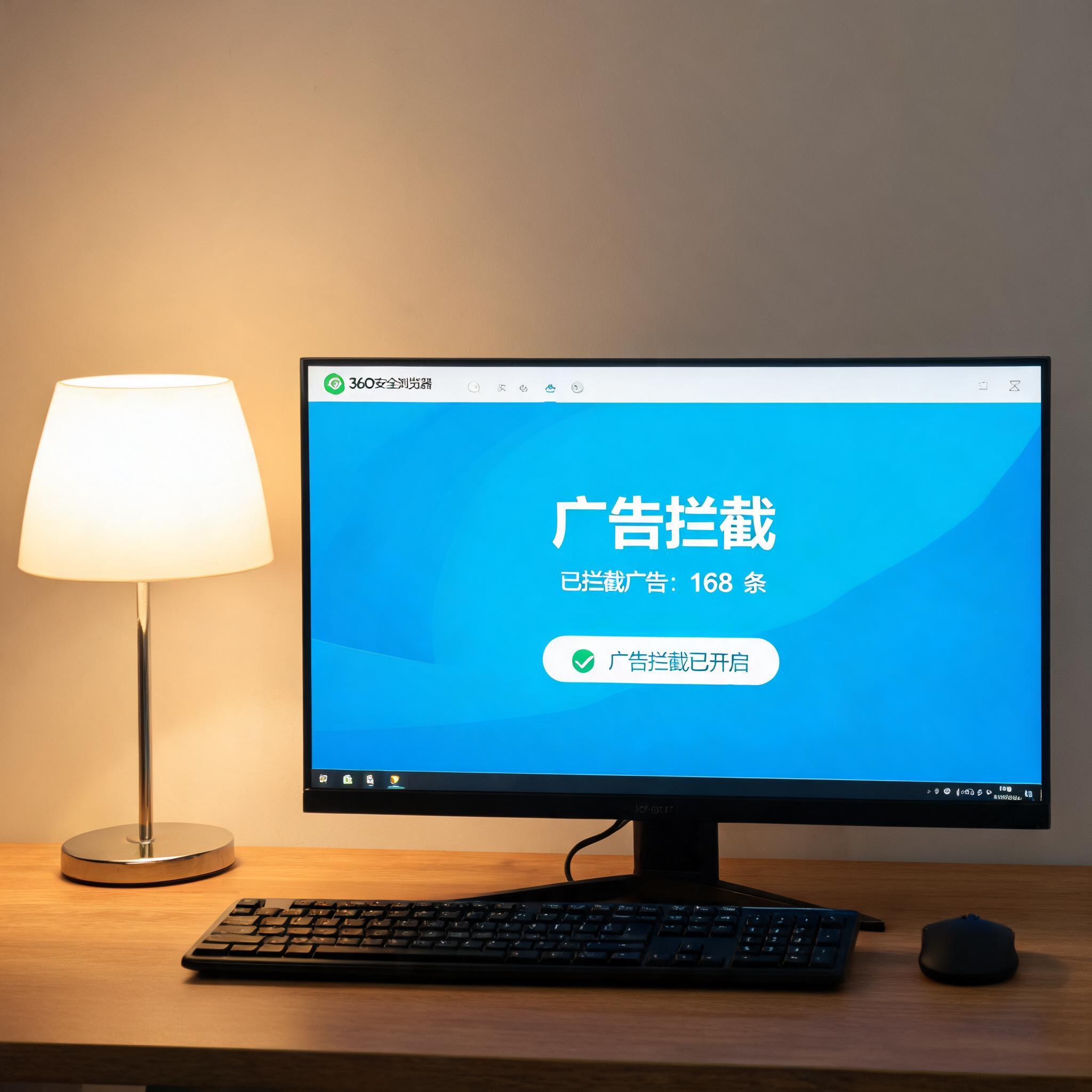 电脑桌上的电脑，屏幕显示360 安全浏览器广告拦截界面，旁边放着台灯