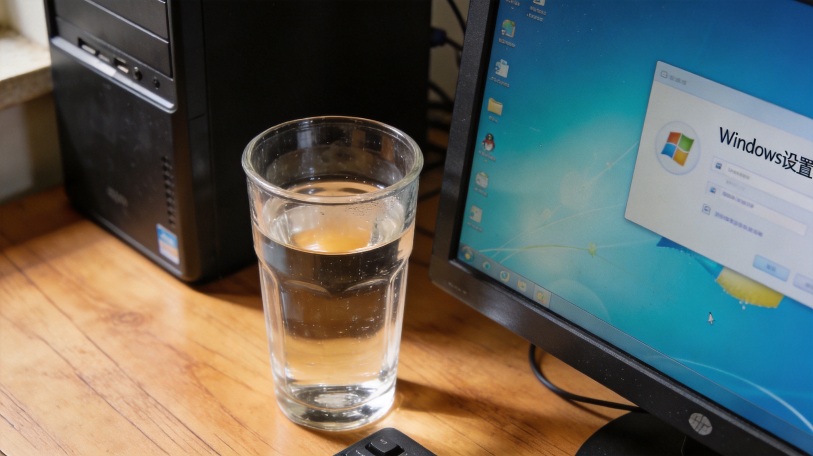 书桌上的主机，屏幕显示Windows设置界面，桌角放着水杯，自然光