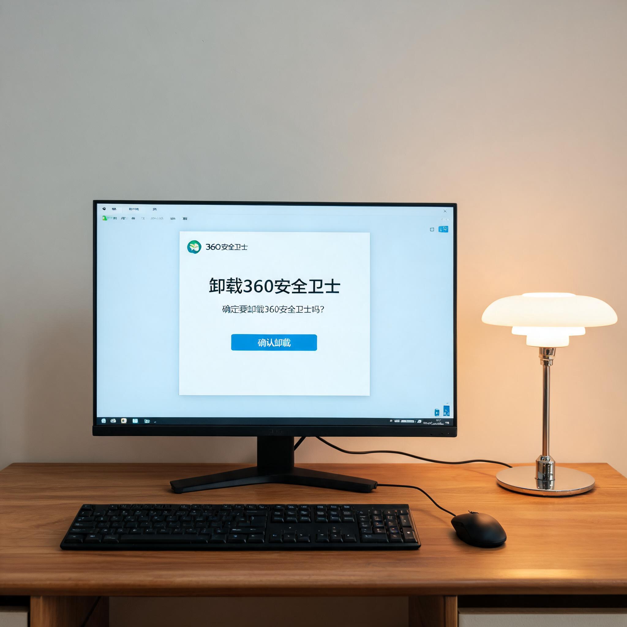 电脑桌上的电脑，屏幕显示360 安全卫士如何卸载界面，旁边放着台灯