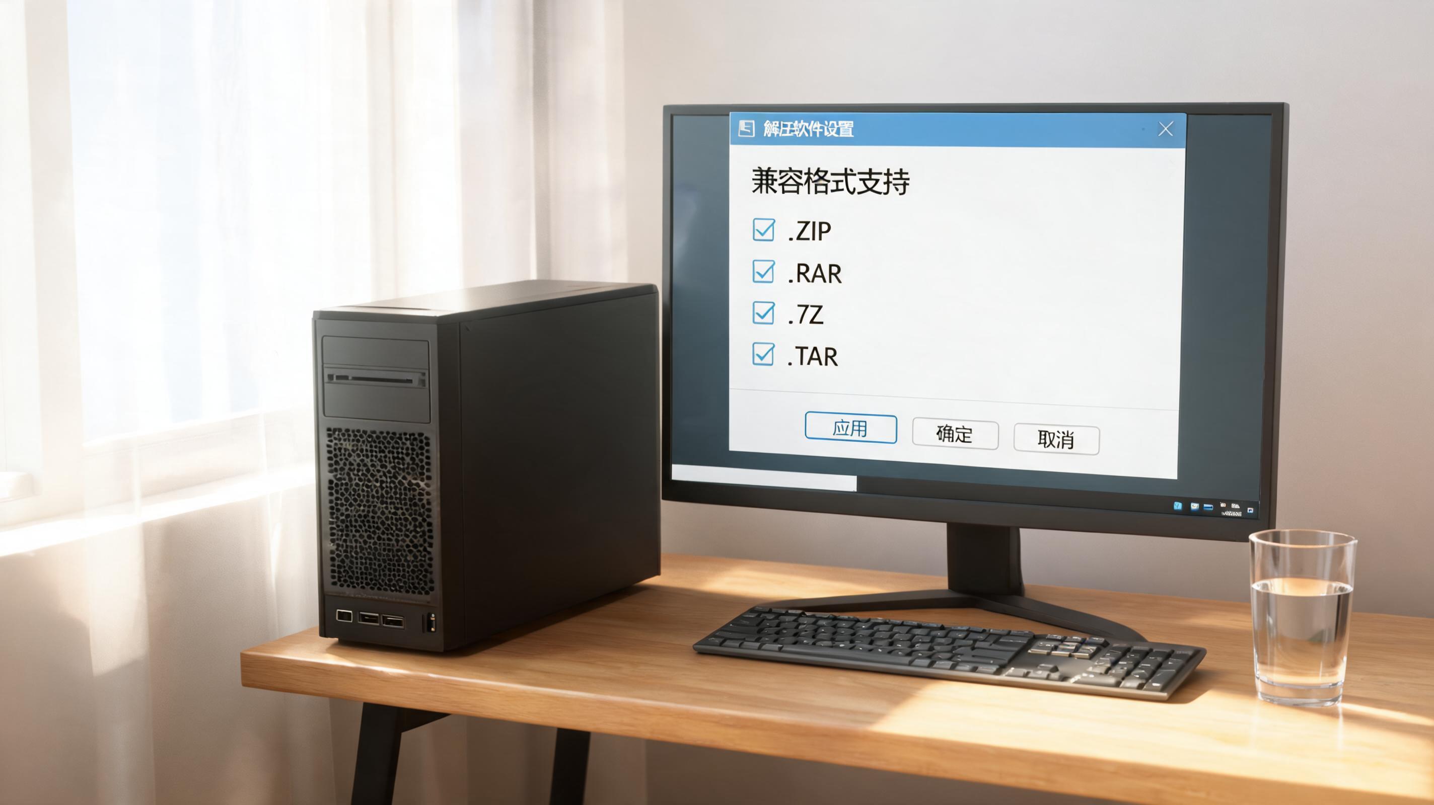 书桌上的主机，屏幕显示多格式兼容解压缩软件设置界面，桌角放着水杯，自然光