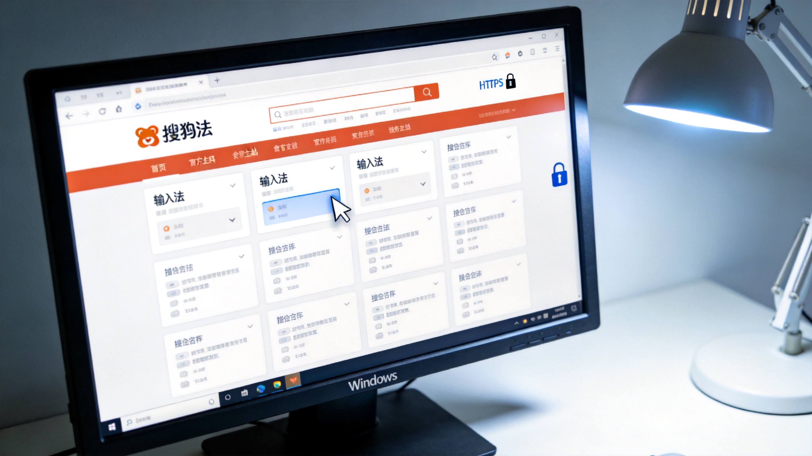 桌面的Windows系统电脑，屏幕显示搜狗输入法官方主站导航栏，光标停在输入法板块，右上角显示HTTPS锁头标识，旁边有台灯冷光