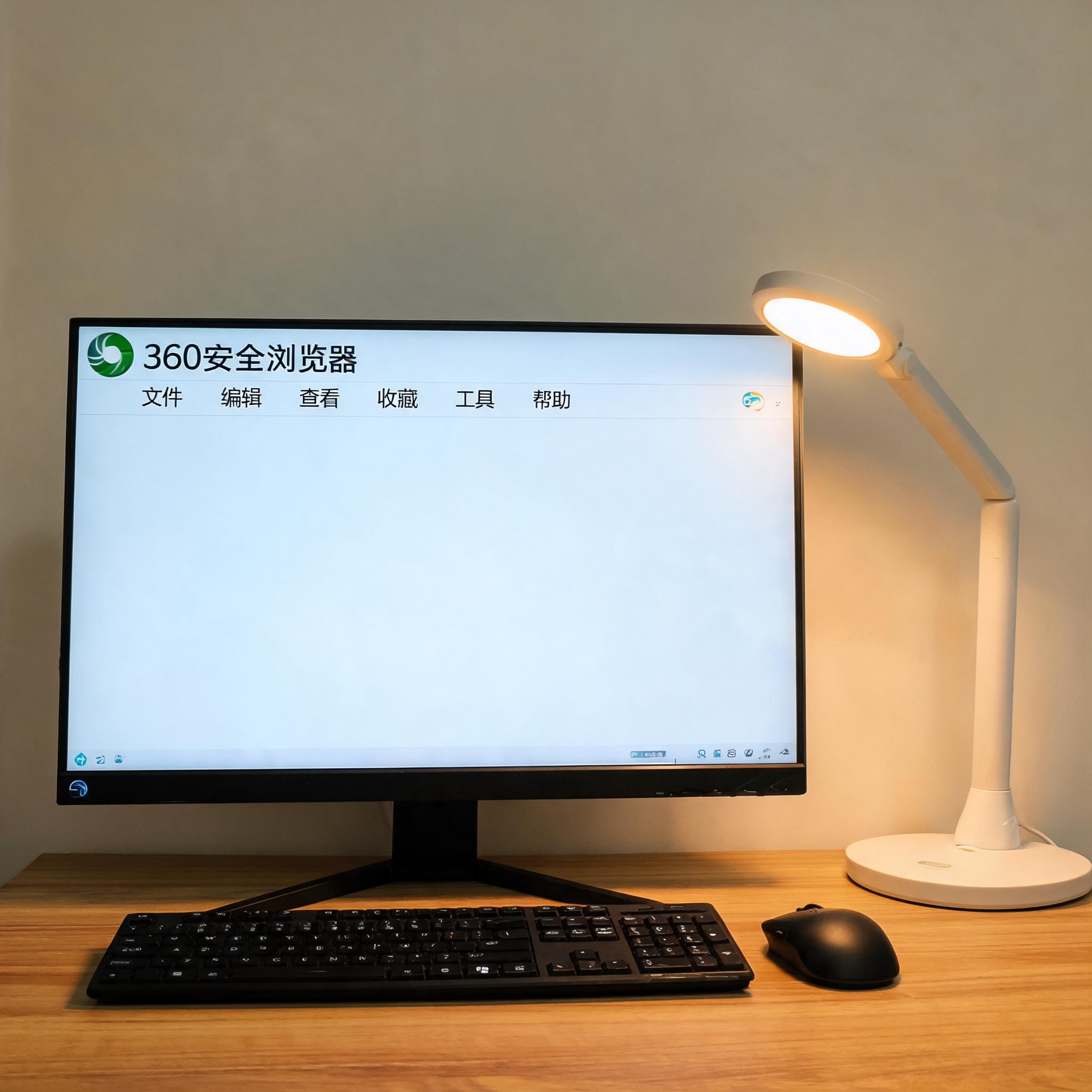 电脑桌上的电脑，屏幕显示360浏览器菜单，旁边放着台灯