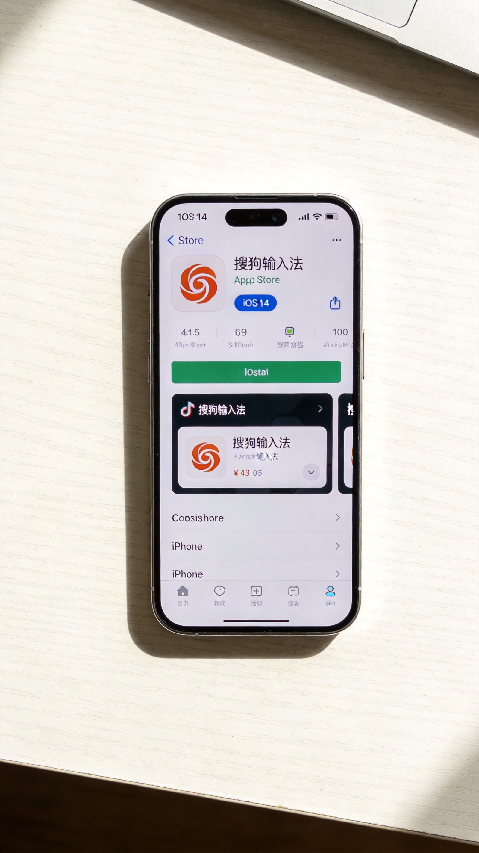 桌面放置的iPhone，屏幕显示iOS14系统的App Store页面，页面里有搜狗输入法的下载入口，室内自然光