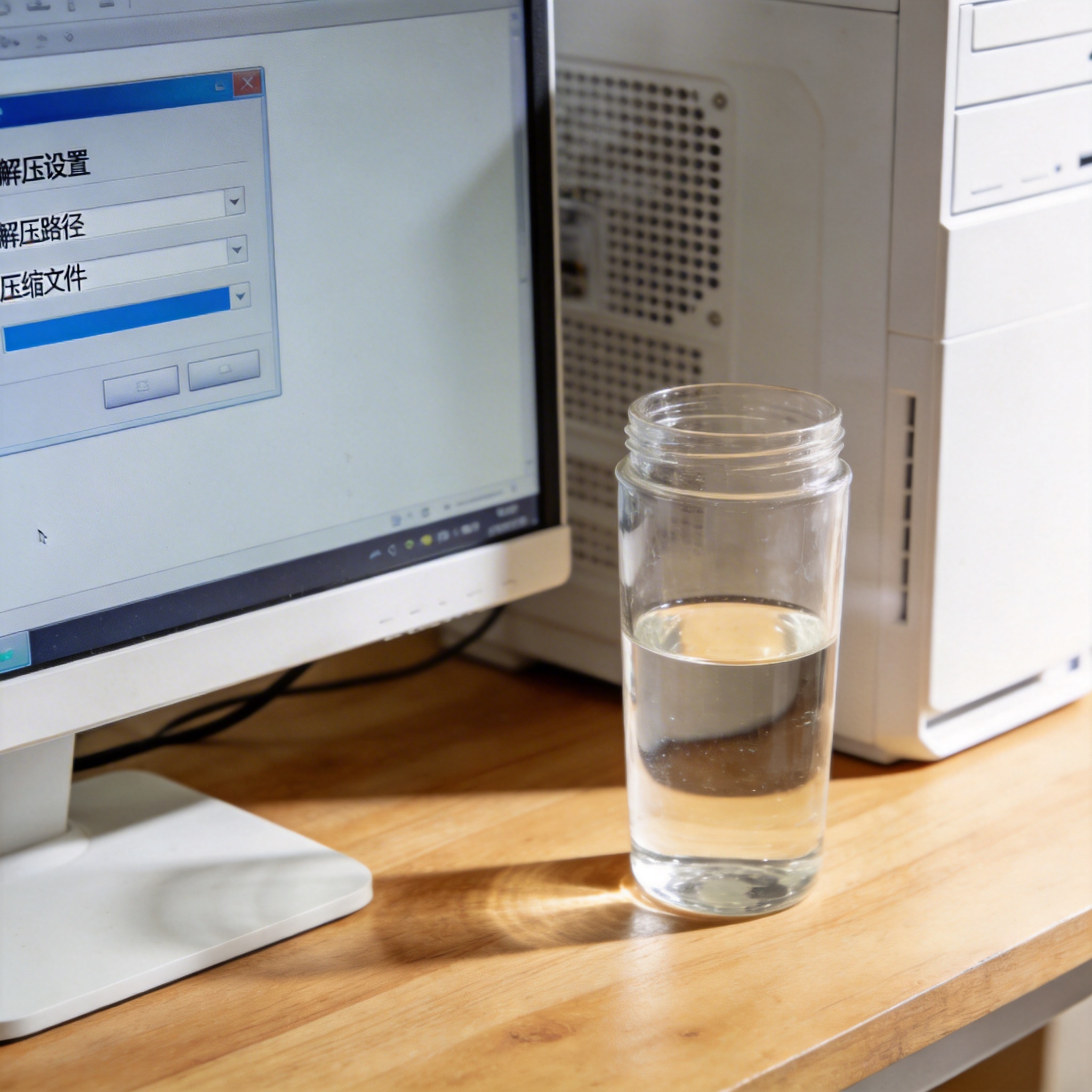 书桌上的主机，屏幕显示解压缩设置界面，桌角放着水杯，自然光