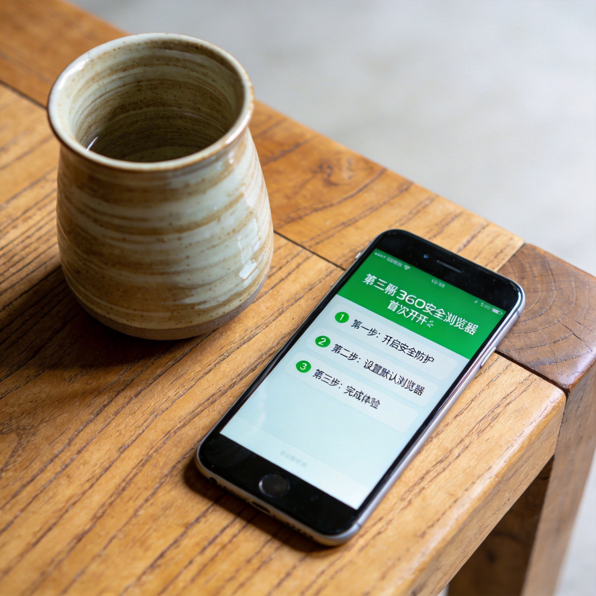 木质桌面上的智能手机，屏幕显示手机版360安全浏览器首次打开的3步引导界面，旁边放着陶瓷水杯，室内自然光