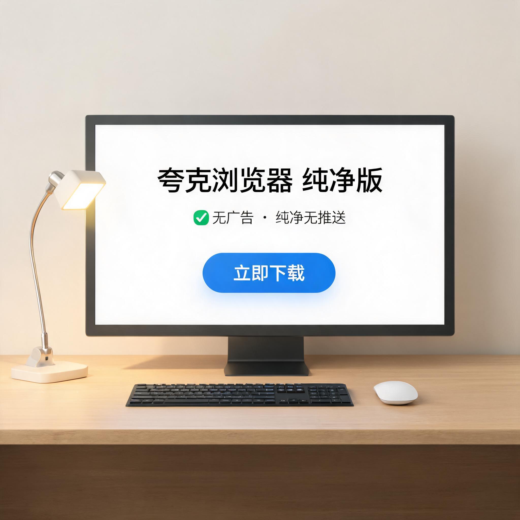 电脑桌上的电脑，屏幕显示夸克浏览器纯净版无广告下载界面，旁边放着台灯