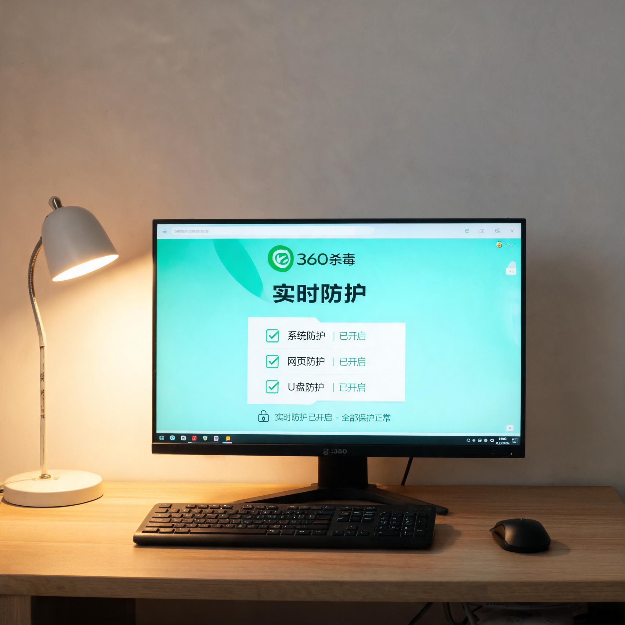 电脑桌上的电脑，屏幕显示360 杀毒实时防护功能界面，旁边放着台灯