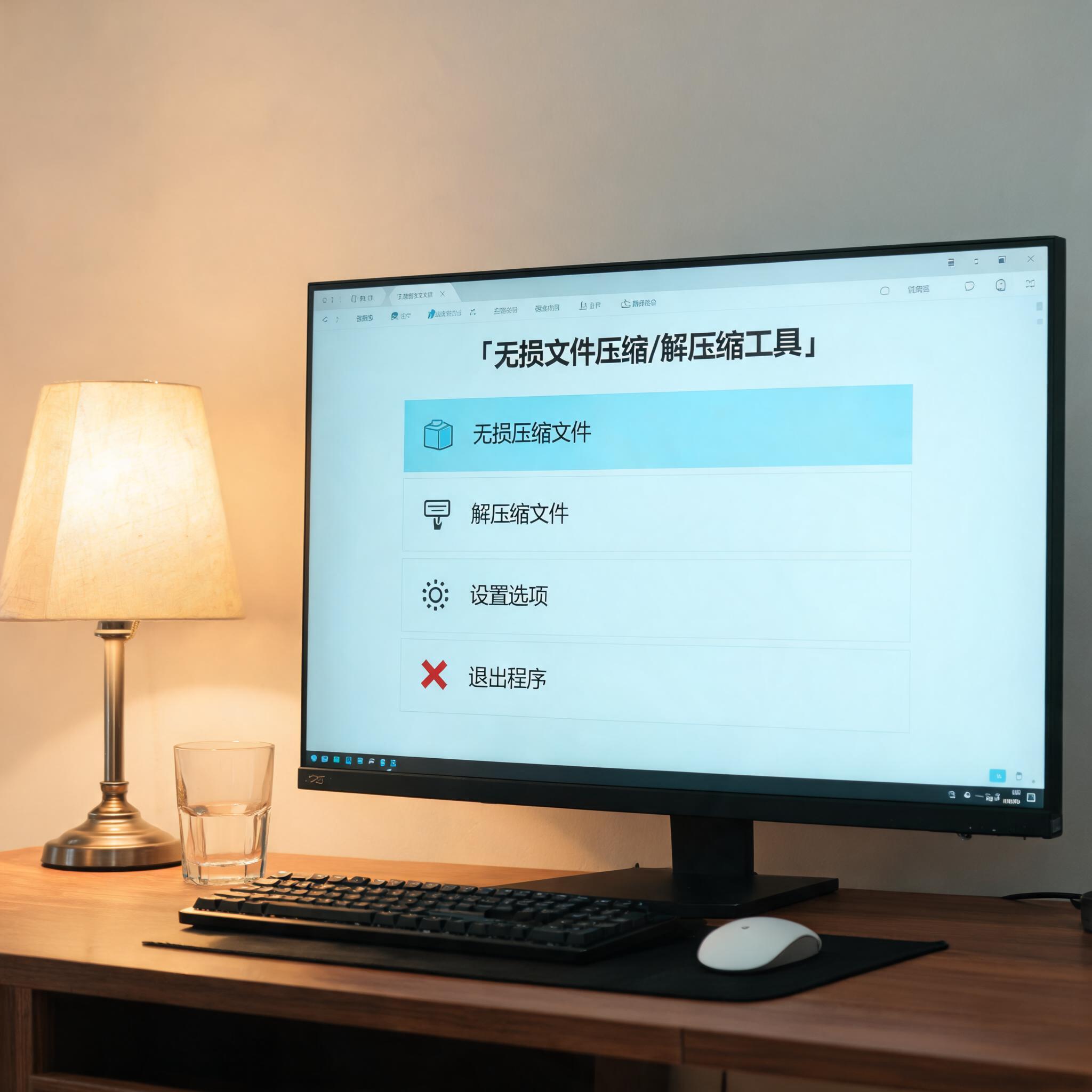 电脑桌上的电脑，屏幕显示无损文件压缩解压缩菜单，旁边放着台灯