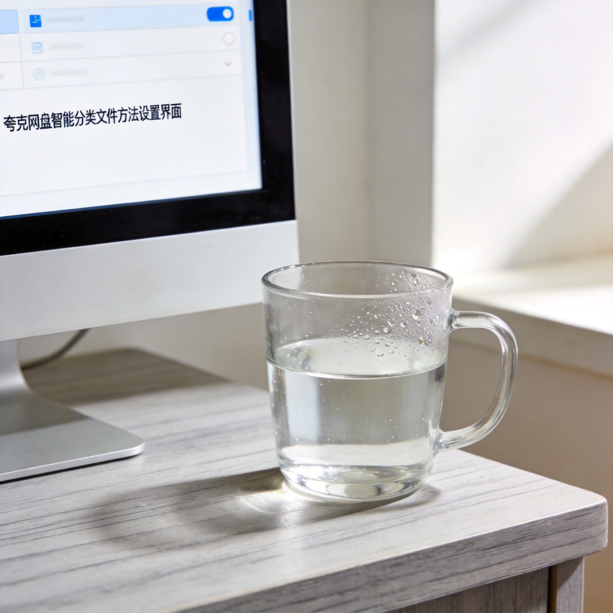书桌上的主机，屏幕显示夸克网盘智能分类文件方法设置界面，桌角放着水杯，自然光