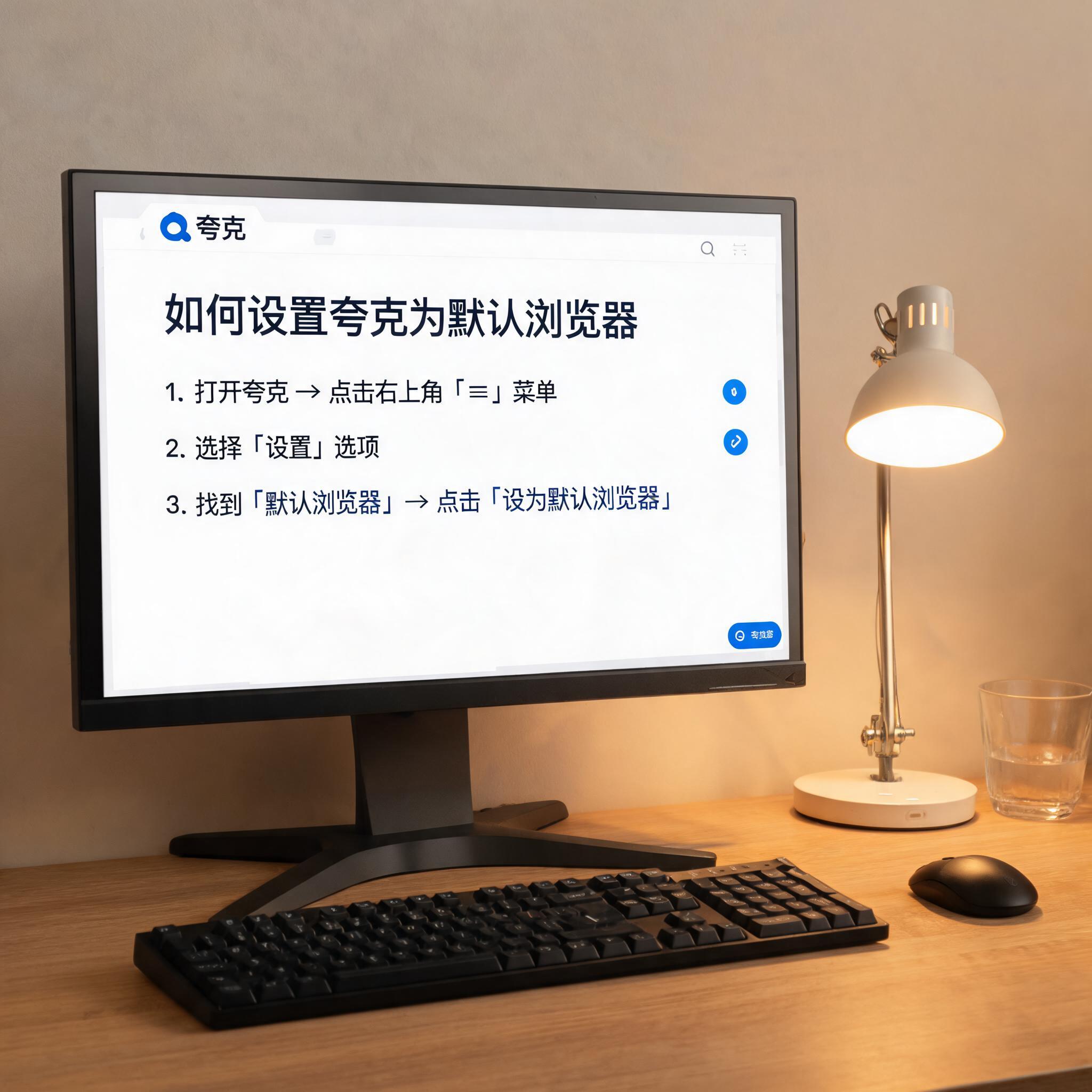 电脑桌上的电脑，屏幕显示夸克浏览器怎么设置默认浏览器界面，旁边放着台灯