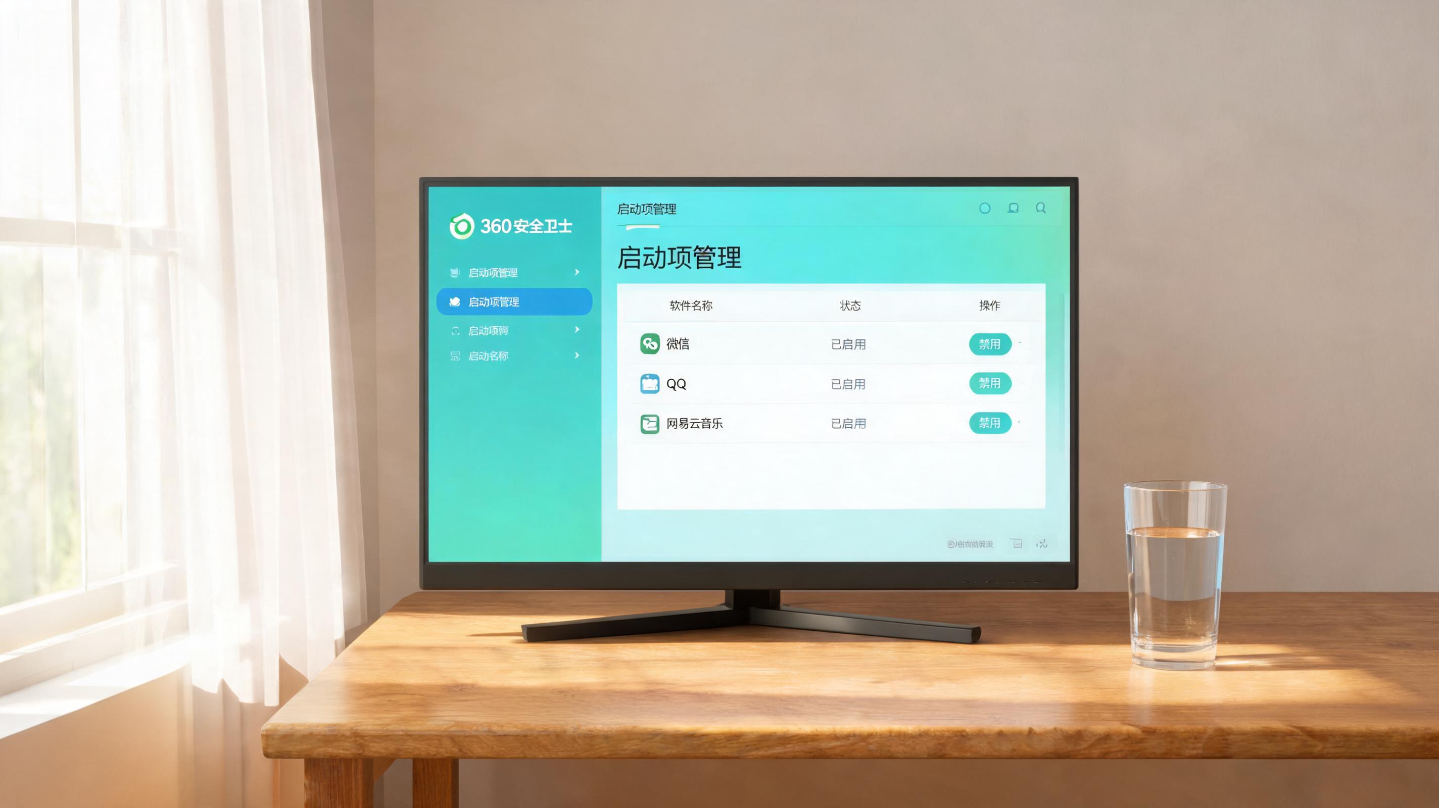 书桌上的屏幕，屏幕显示360 卫士启动项管理设置界面，桌角放着水杯，自然光