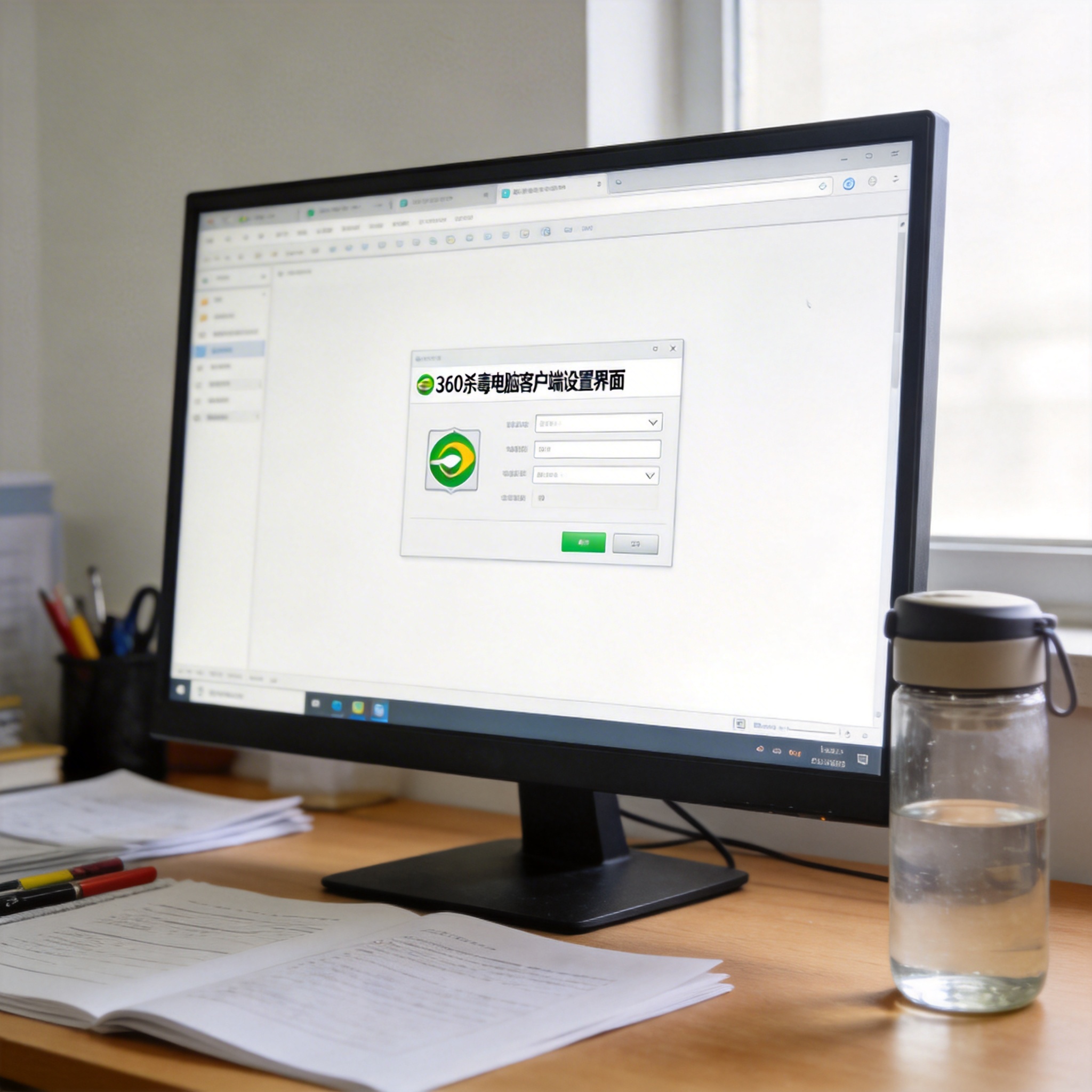 书桌上的电脑，屏幕显示360 杀毒电脑客户端设置界面，桌角放着水杯，自然光