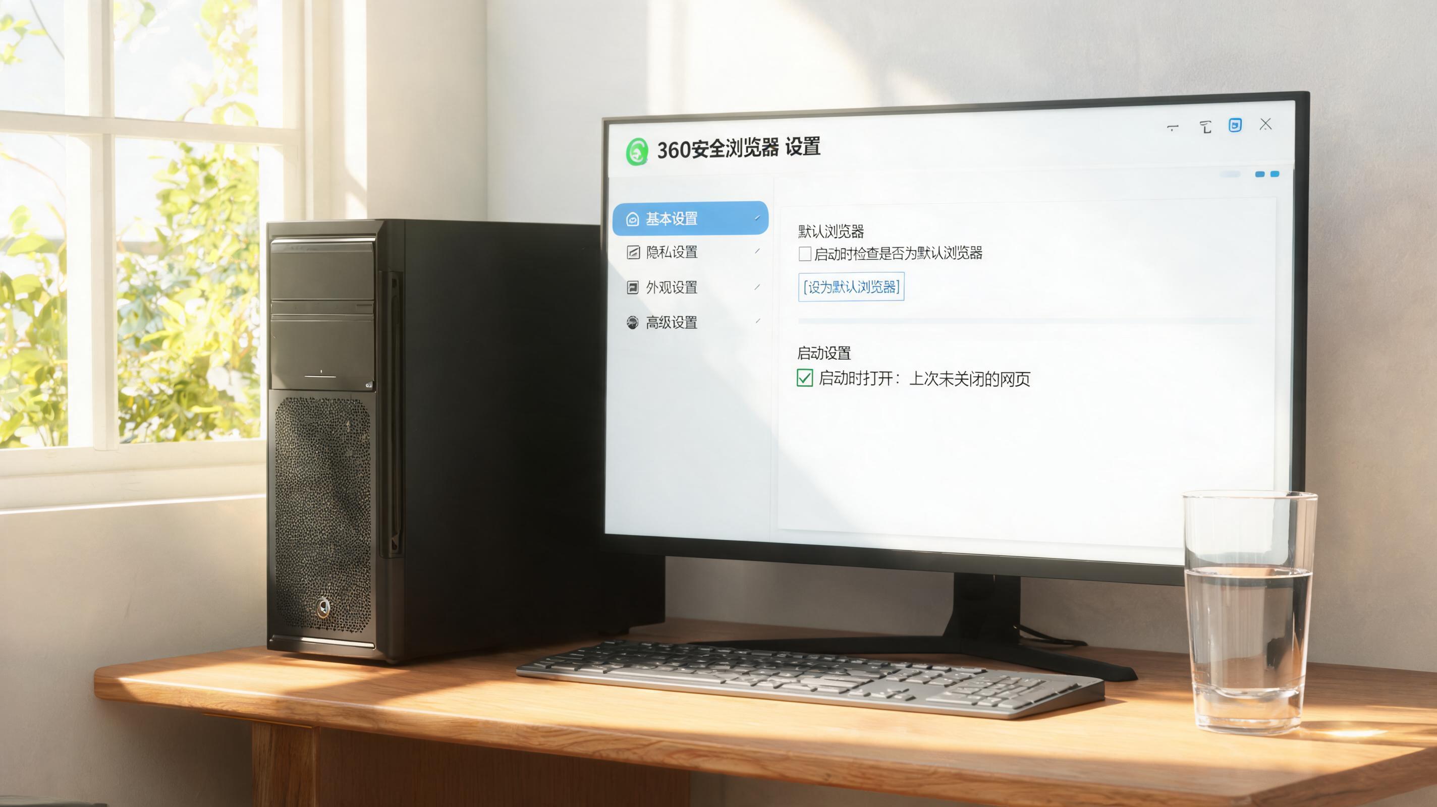 书桌上的主机，屏幕显示360 安全浏览器电脑版设置界面，桌角放着水杯，自然光