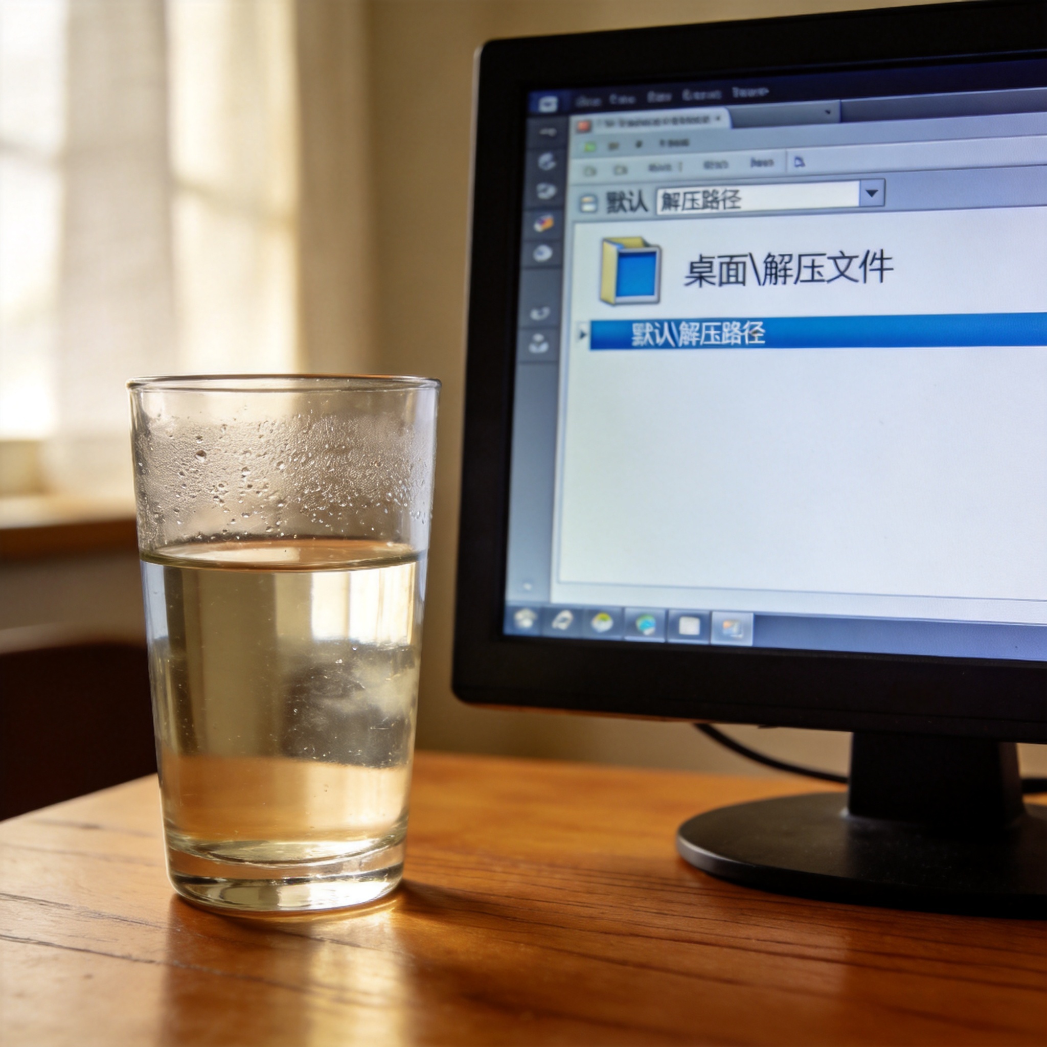 电脑桌的电脑屏幕显示解压缩软件设置界面，默认解压路径设为桌面“解压文件”文件夹，旁边放着半杯温水，室内自然光