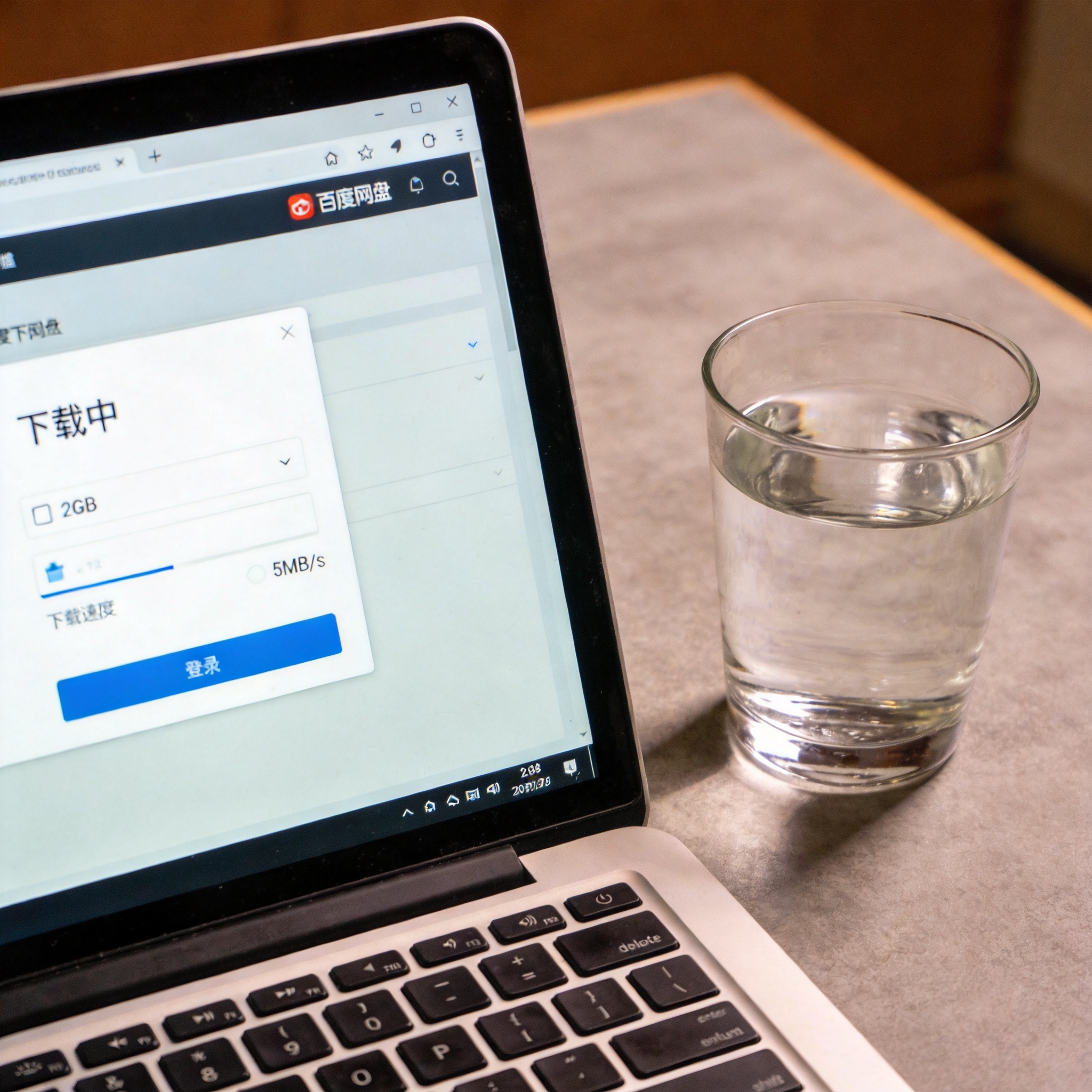 电脑桌的电脑屏幕显示百度网盘界面，正在下载2GB的文件，下载速度显示每秒5MB，桌面放着半杯温水，室内自然光