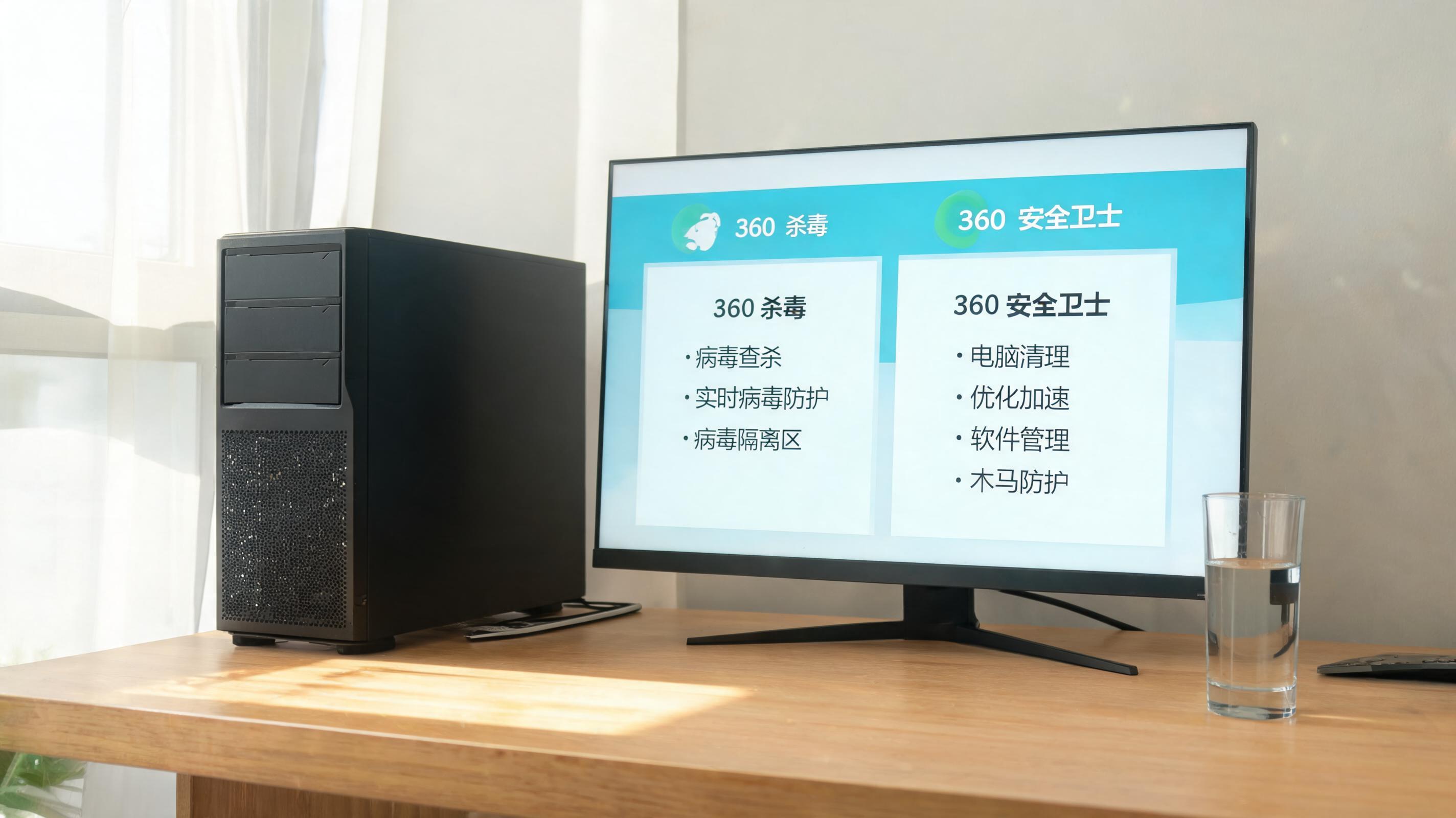 书桌上的主机，屏幕显示360 杀毒和 360 安全卫士区别设置界面，桌角放着水杯，自然光