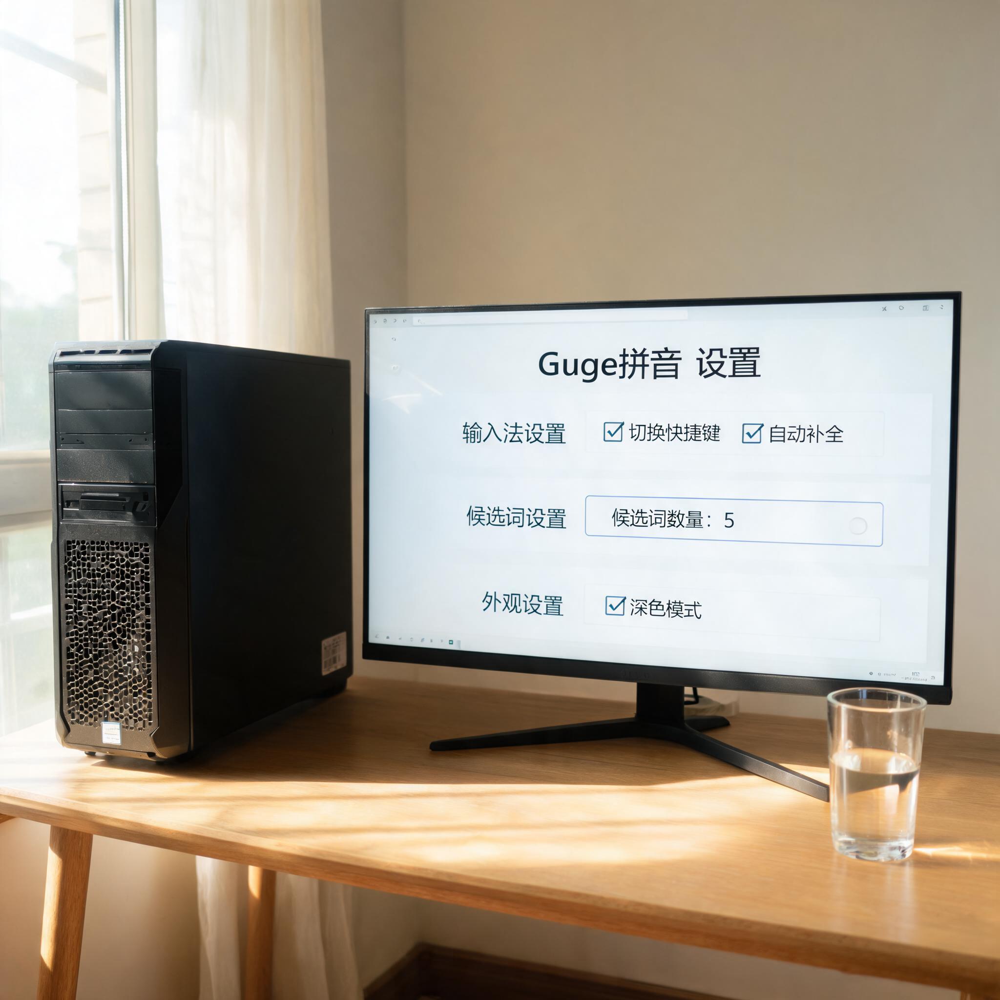 书桌上的主机，屏幕显示Guge拼音搜索类设置界面，桌角放着水杯，自然光