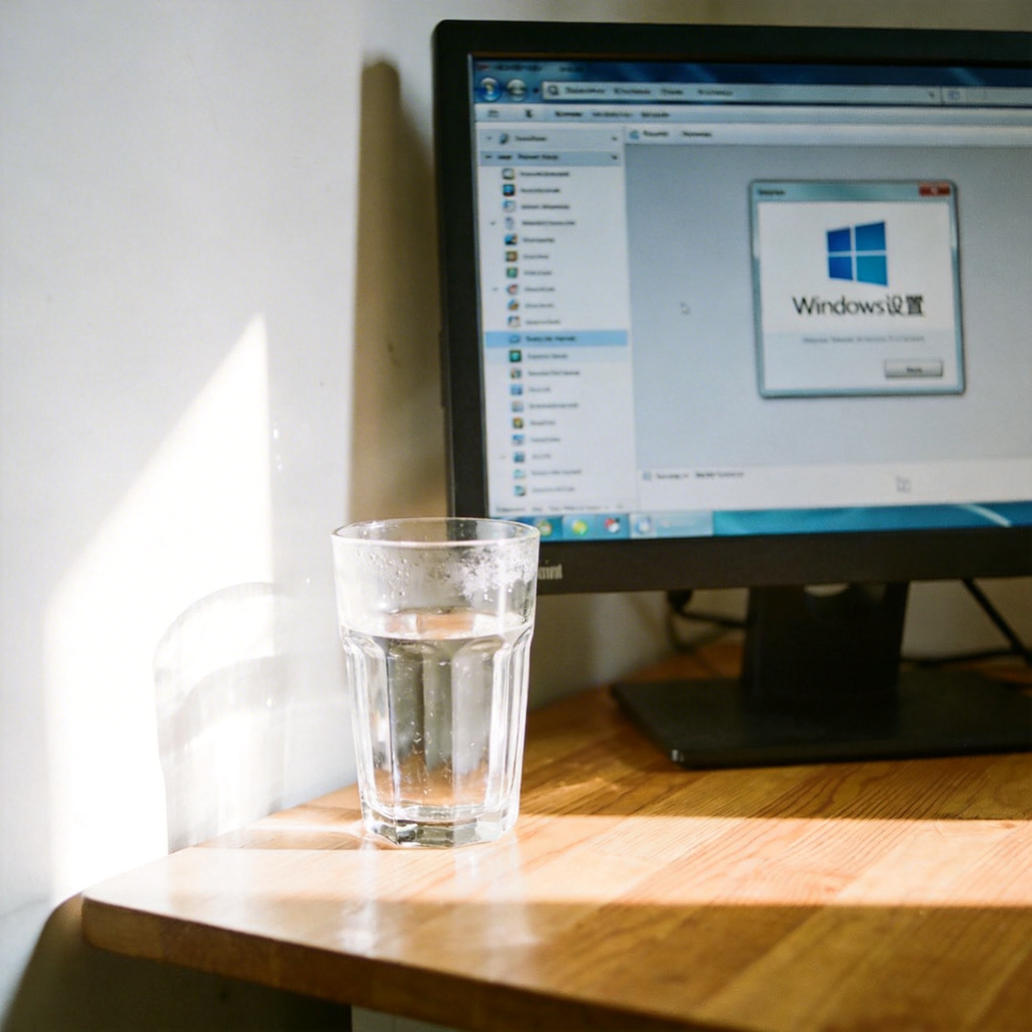 书桌上的主机，屏幕显示Windows设置界面，桌角放着水杯，自然光