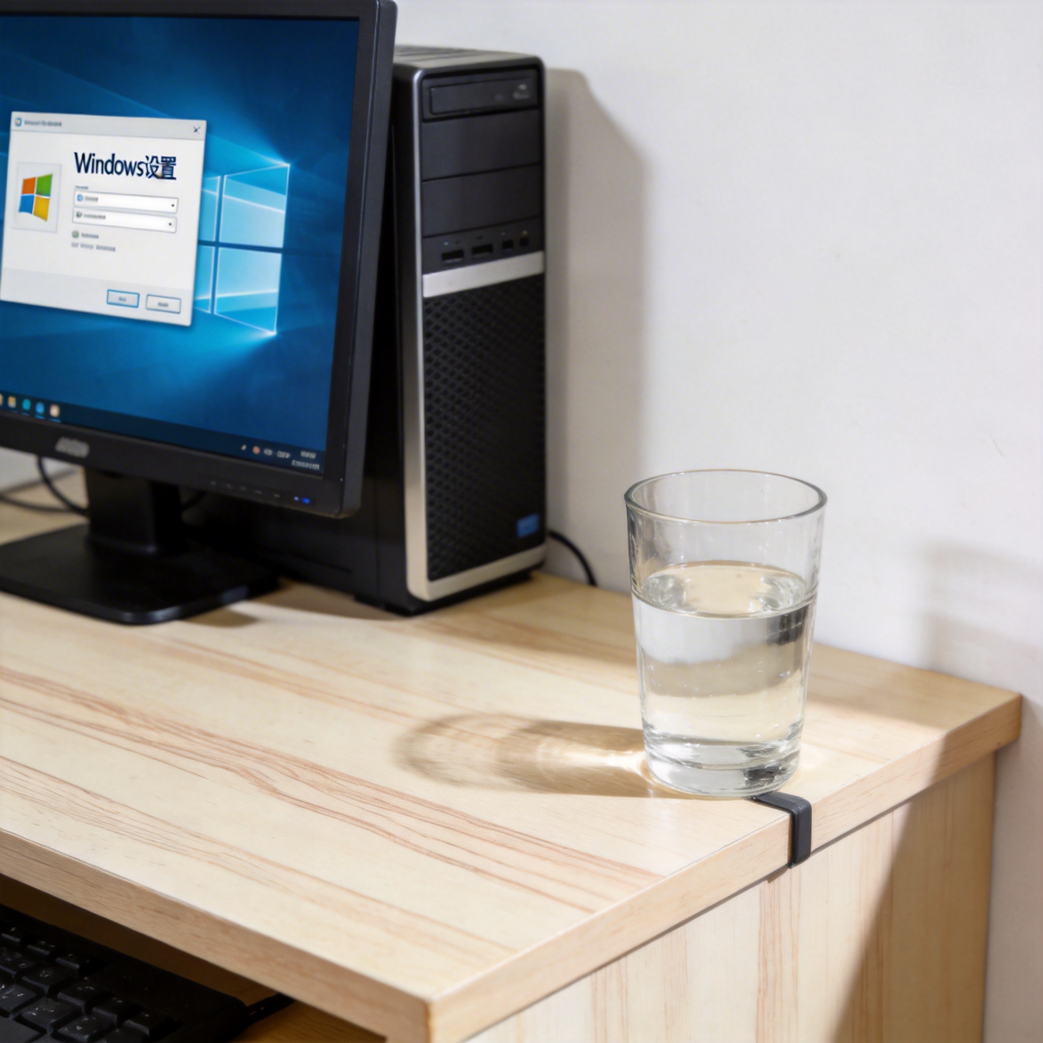 书桌上的主机，屏幕显示Windows设置界面，桌角放着水杯，自然光