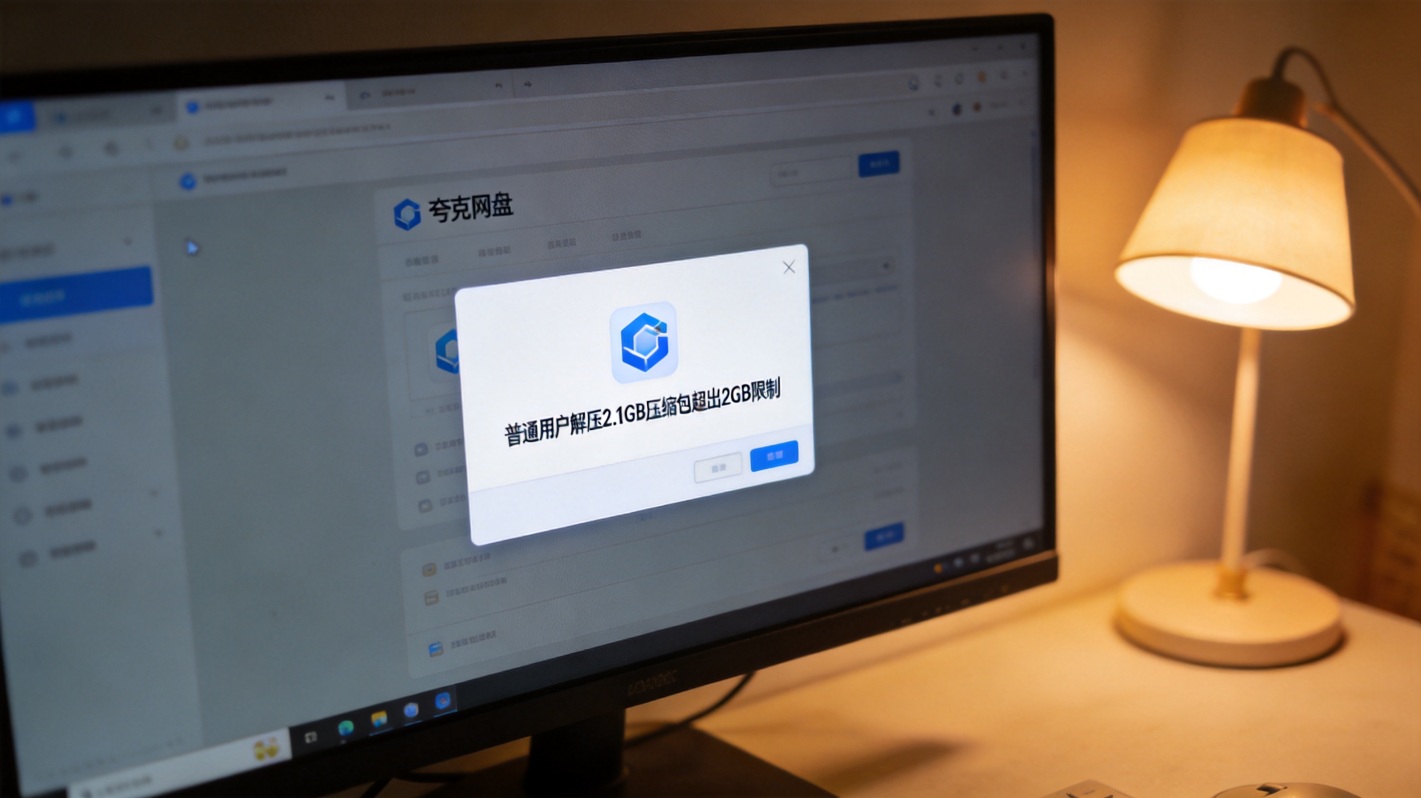 电脑屏幕显示夸克网盘界面，弹出普通用户解压2.1GB压缩包超出2GB限制的提示框，桌面角落有一盏台灯，暖光照明