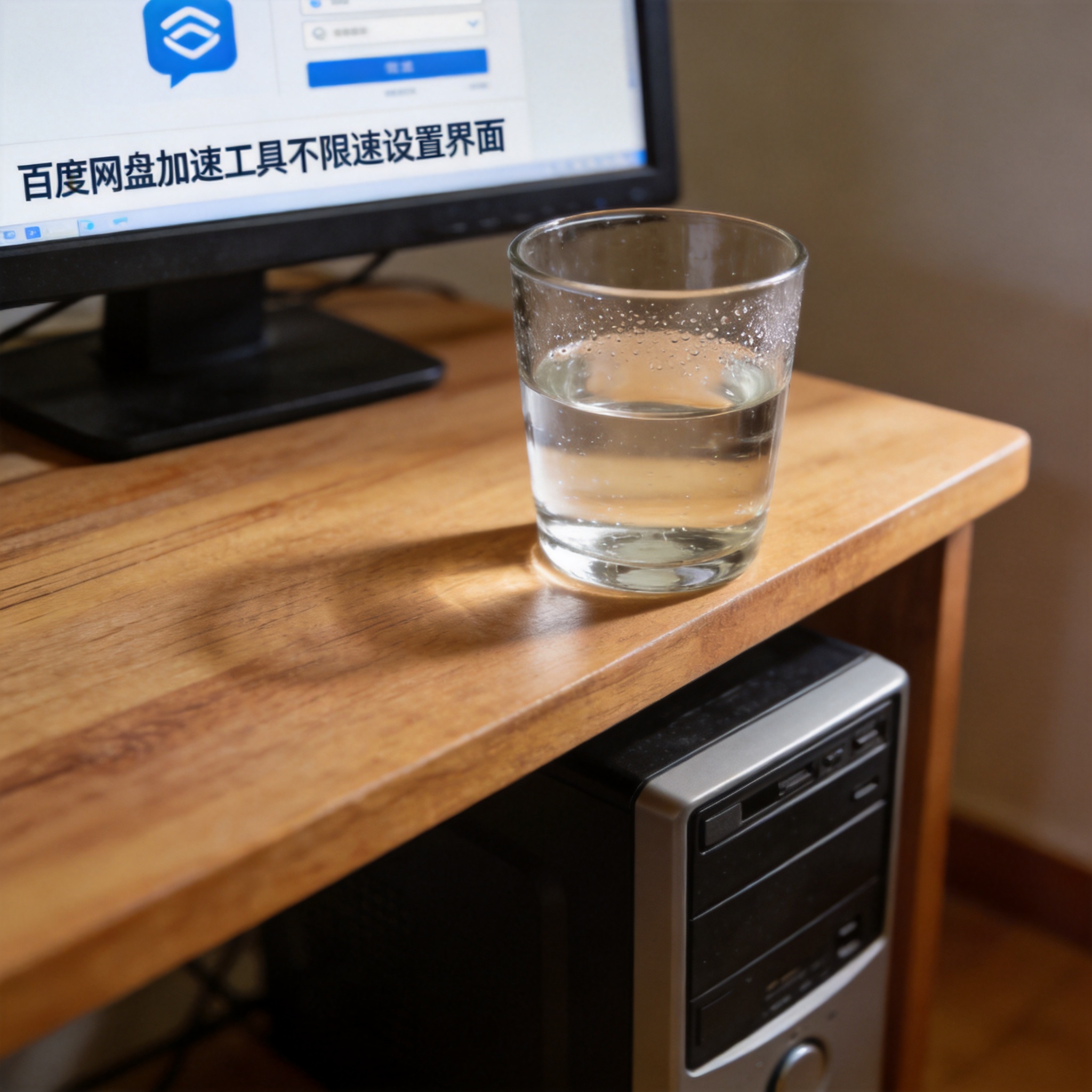 书桌上的主机，屏幕显示百度网盘加速工具不限速设置界面，桌角放着水杯，自然光