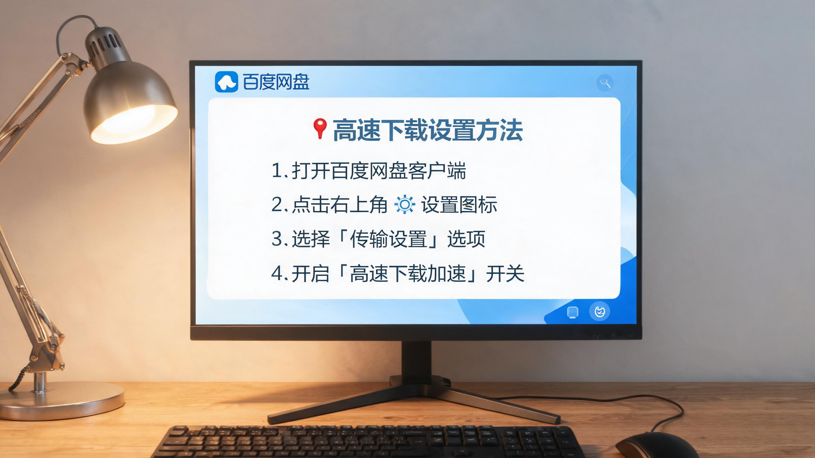 电脑桌上的电脑，屏幕显示百度网盘高速下载设置方法界面，旁边放着台灯