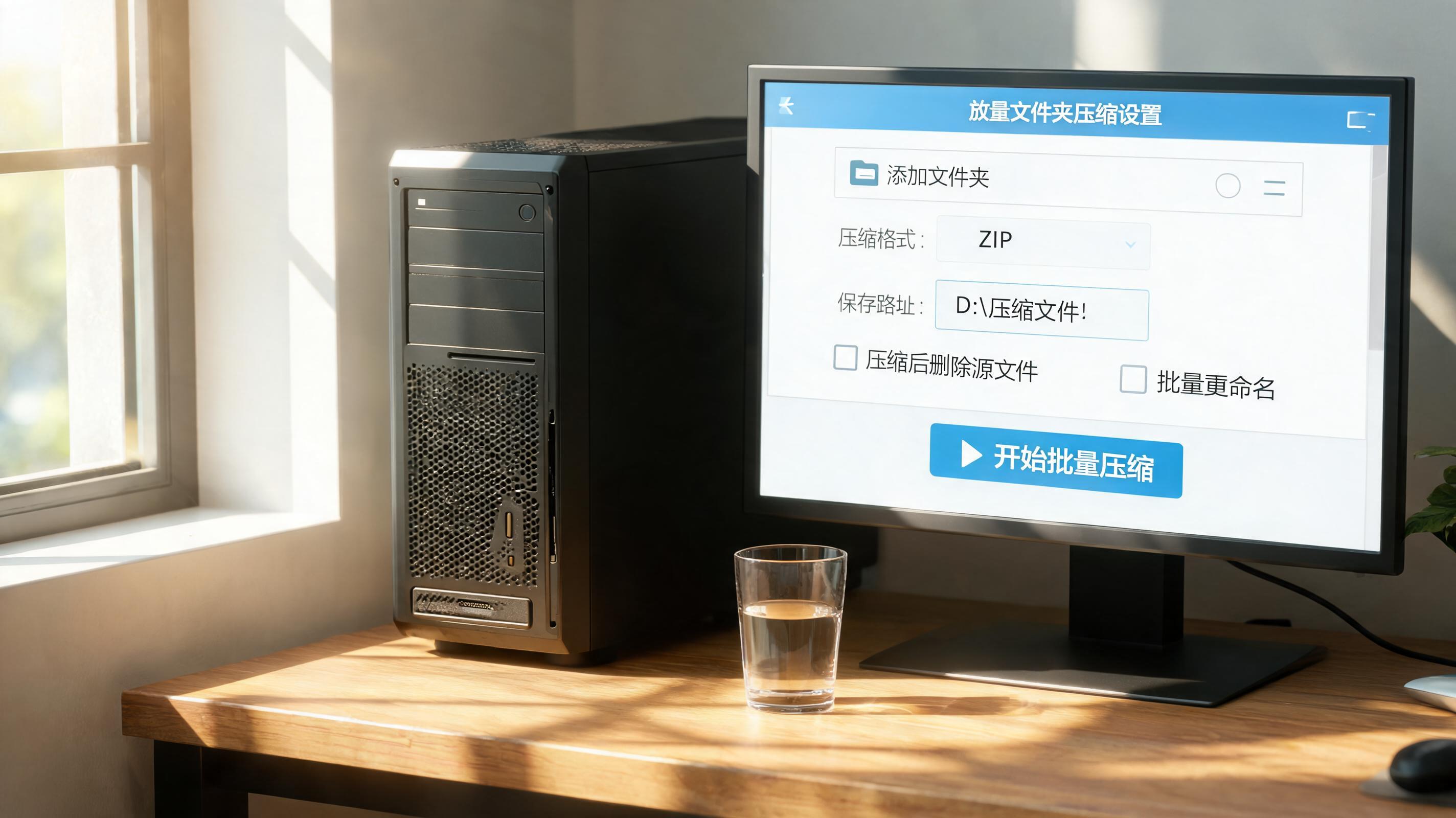书桌上的主机，屏幕显示批量文件文件夹压缩设置界面，桌角放着水杯，自然光