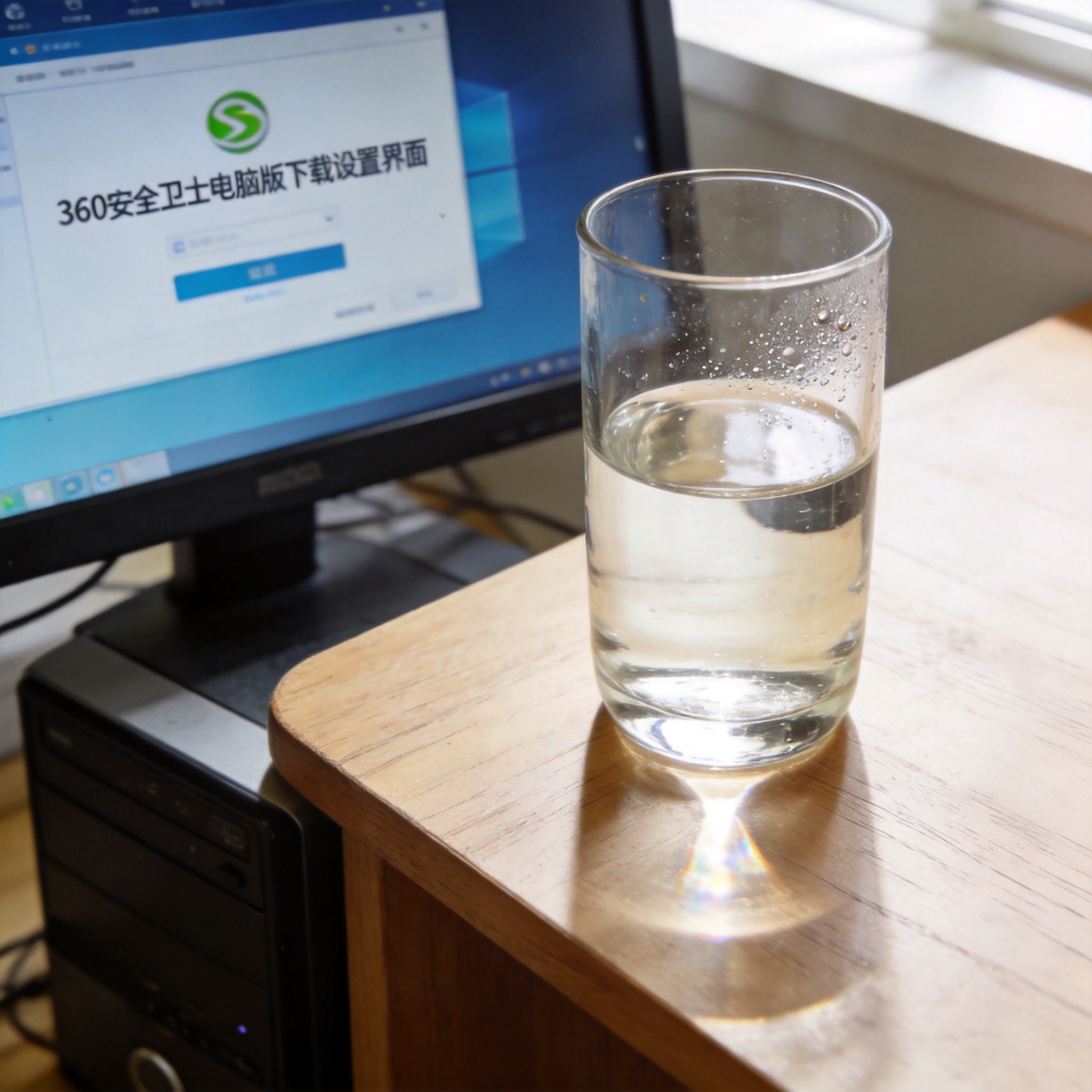 书桌上的主机，屏幕显示360 安全卫士电脑版下载设置界面，桌角放着水杯，自然光