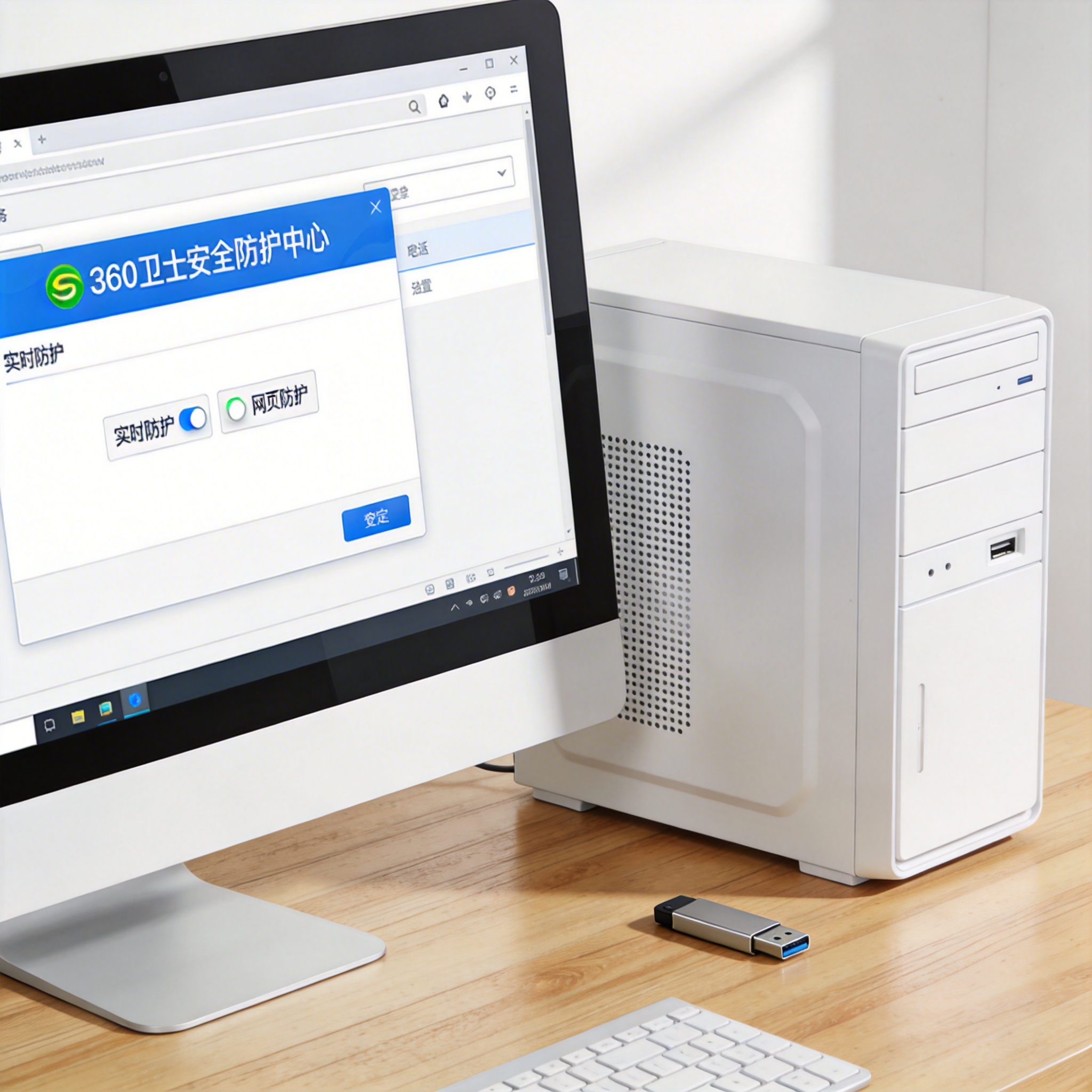 电脑桌的台式电脑，屏幕显示360卫士安全防护中心界面，实时防护、网页防护的开关处于开启状态，旁边放着U盘，室内自然光