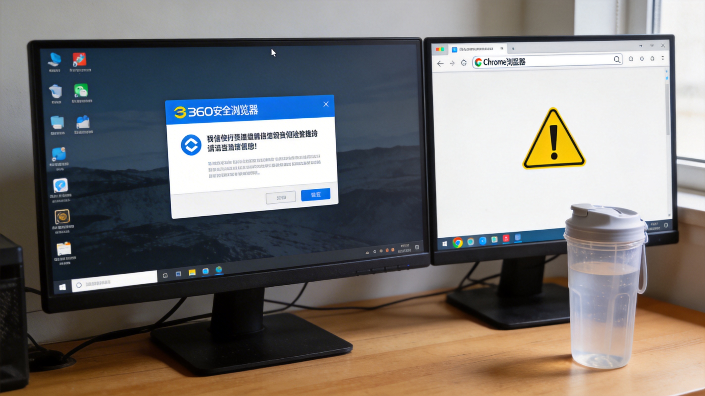 电脑屏幕分屏显示，左侧是360安全浏览器的风险提示弹窗，右侧是Chrome浏览器地址栏的黄色感叹号，桌面放着塑料水杯