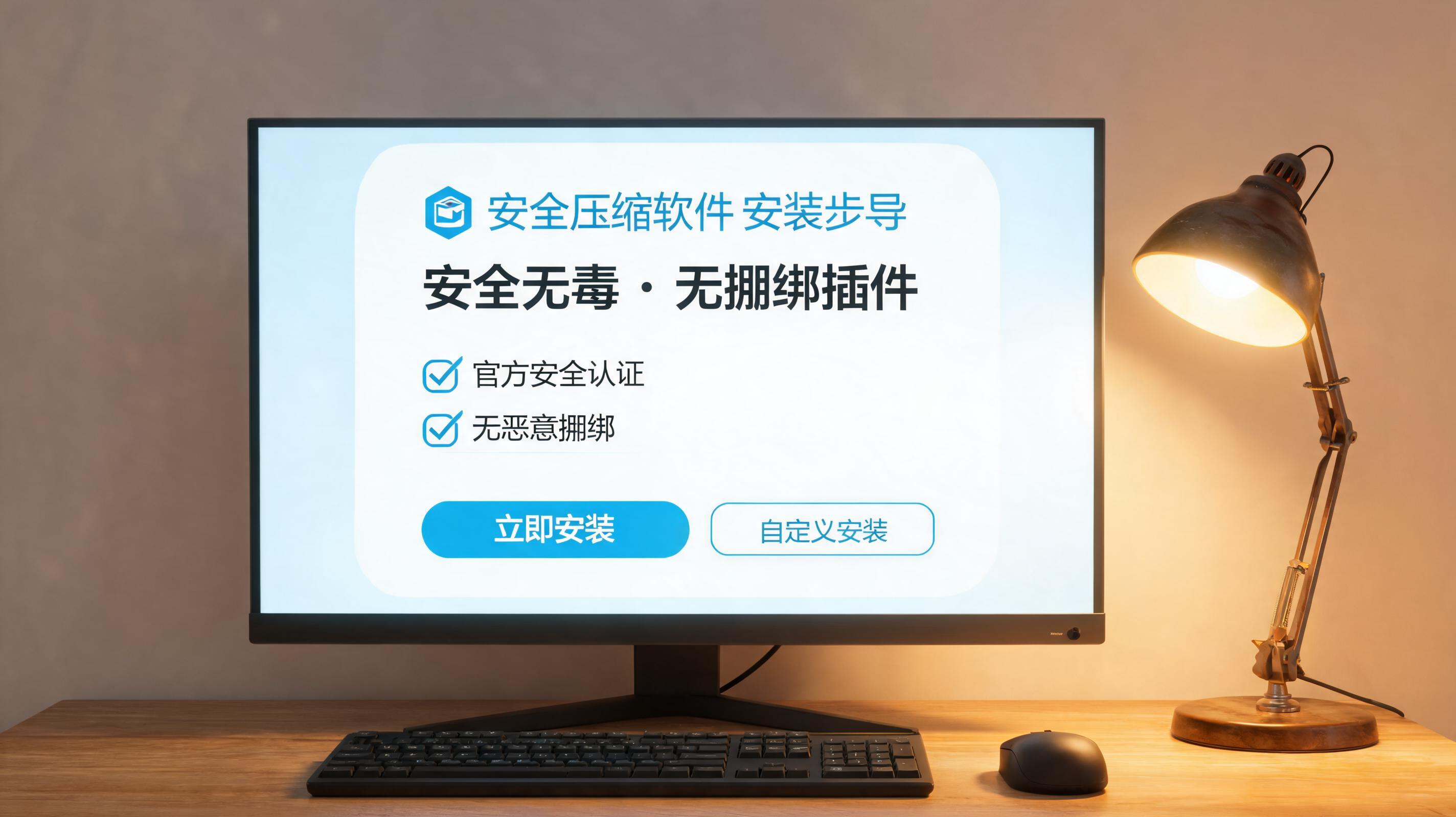 电脑桌上的电脑，屏幕显示安全无毒文件压缩软件安装界面，旁边放着台灯