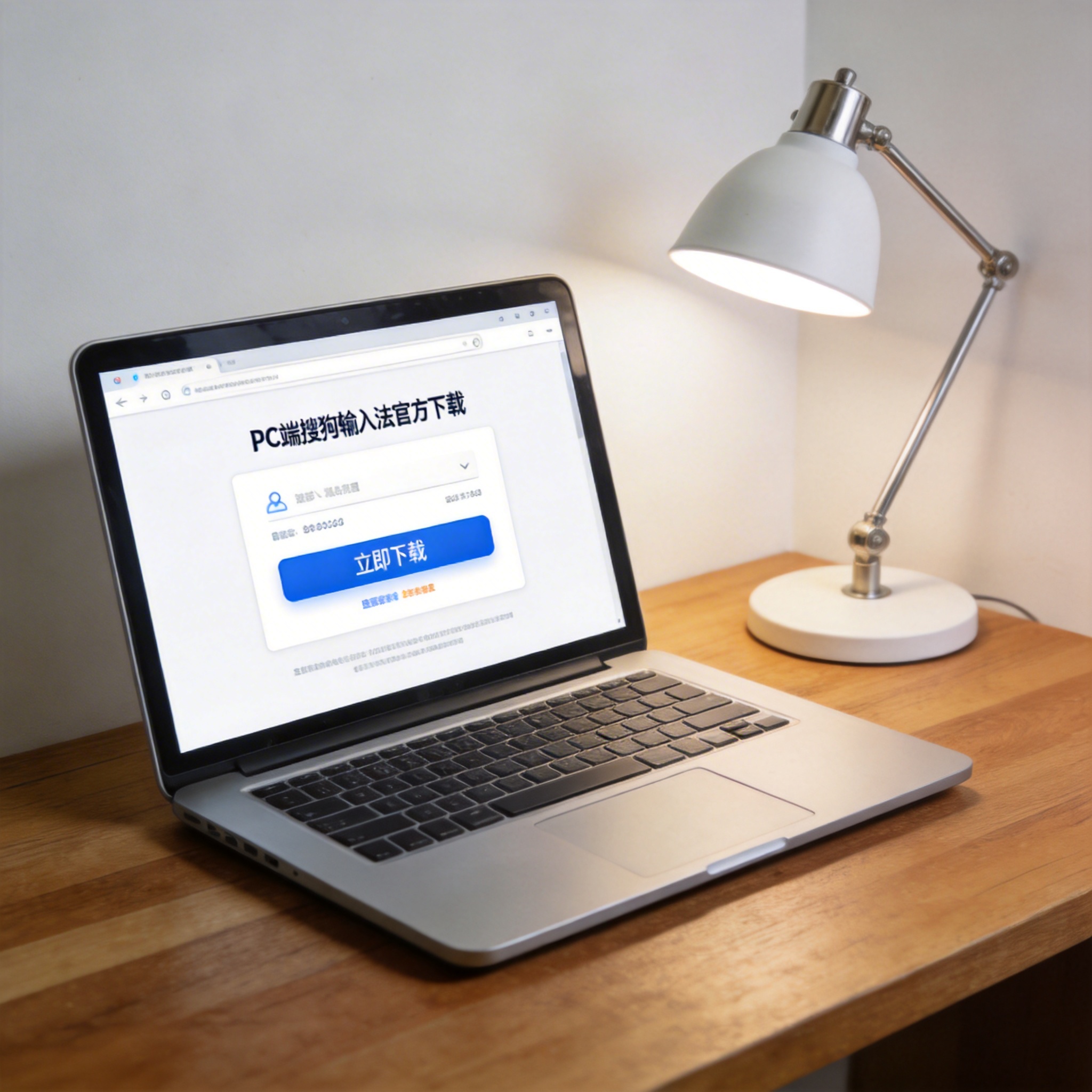 电脑桌上的电脑，屏幕显示PC 端搜狗输入法官方下载界面，旁边放着台灯