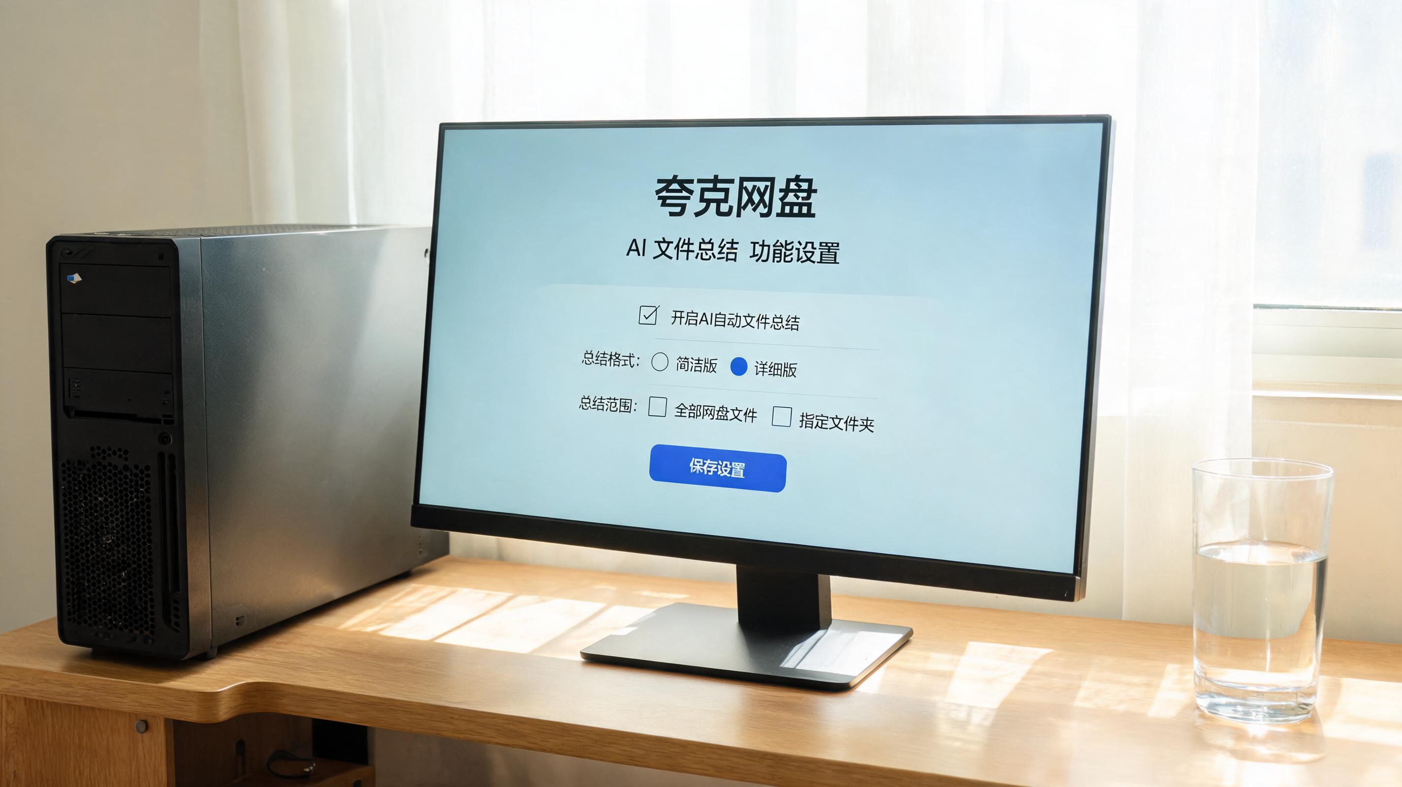 书桌上的主机，屏幕显示夸克网盘 AI 文件总结功能设置界面，桌角放着水杯，自然光