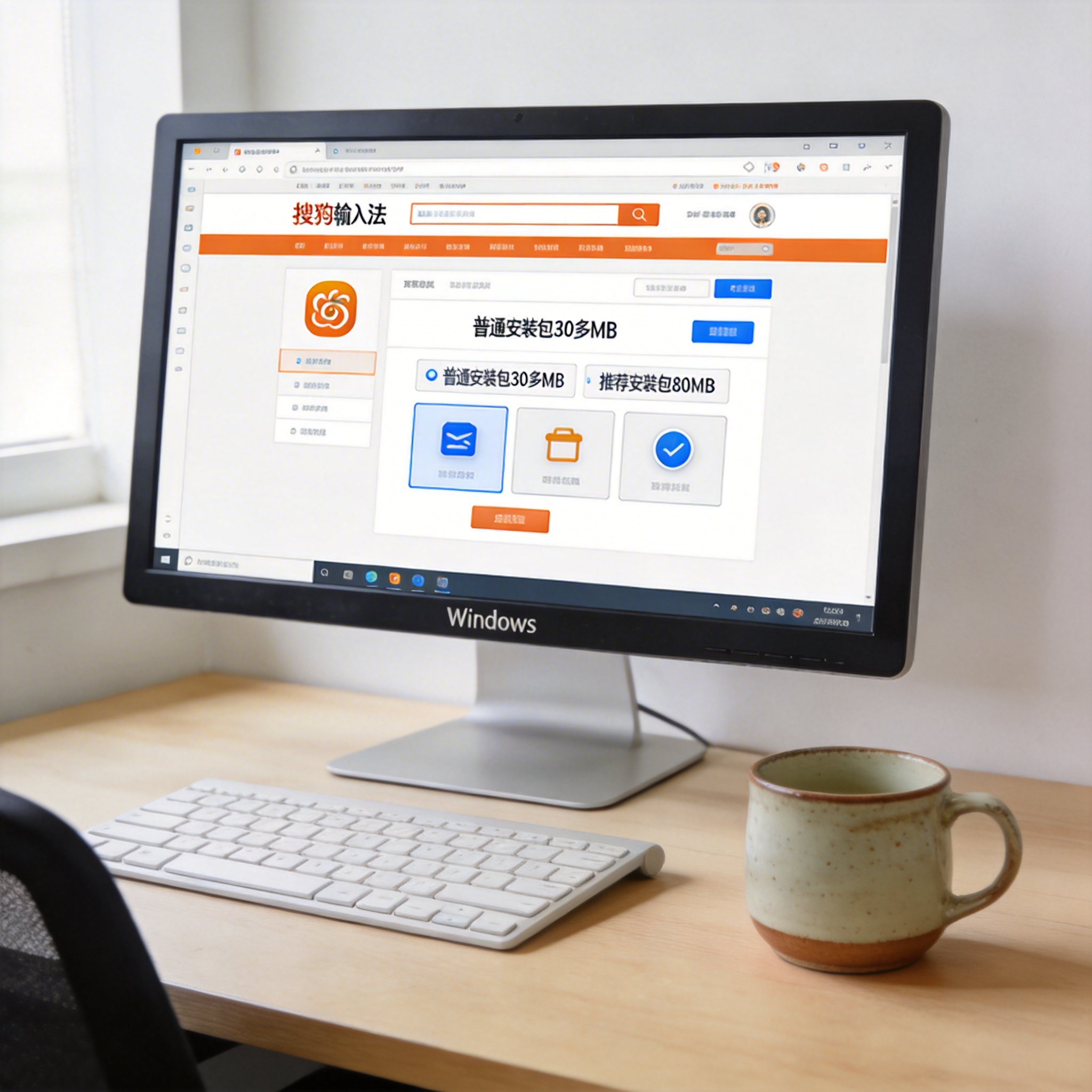 电脑桌的Windows系统电脑，屏幕显示搜狗输入法官网下载页面，页面上显示普通安装包30多MB、推荐安装包80MB选项，桌面放着陶瓷水杯，室内自然光