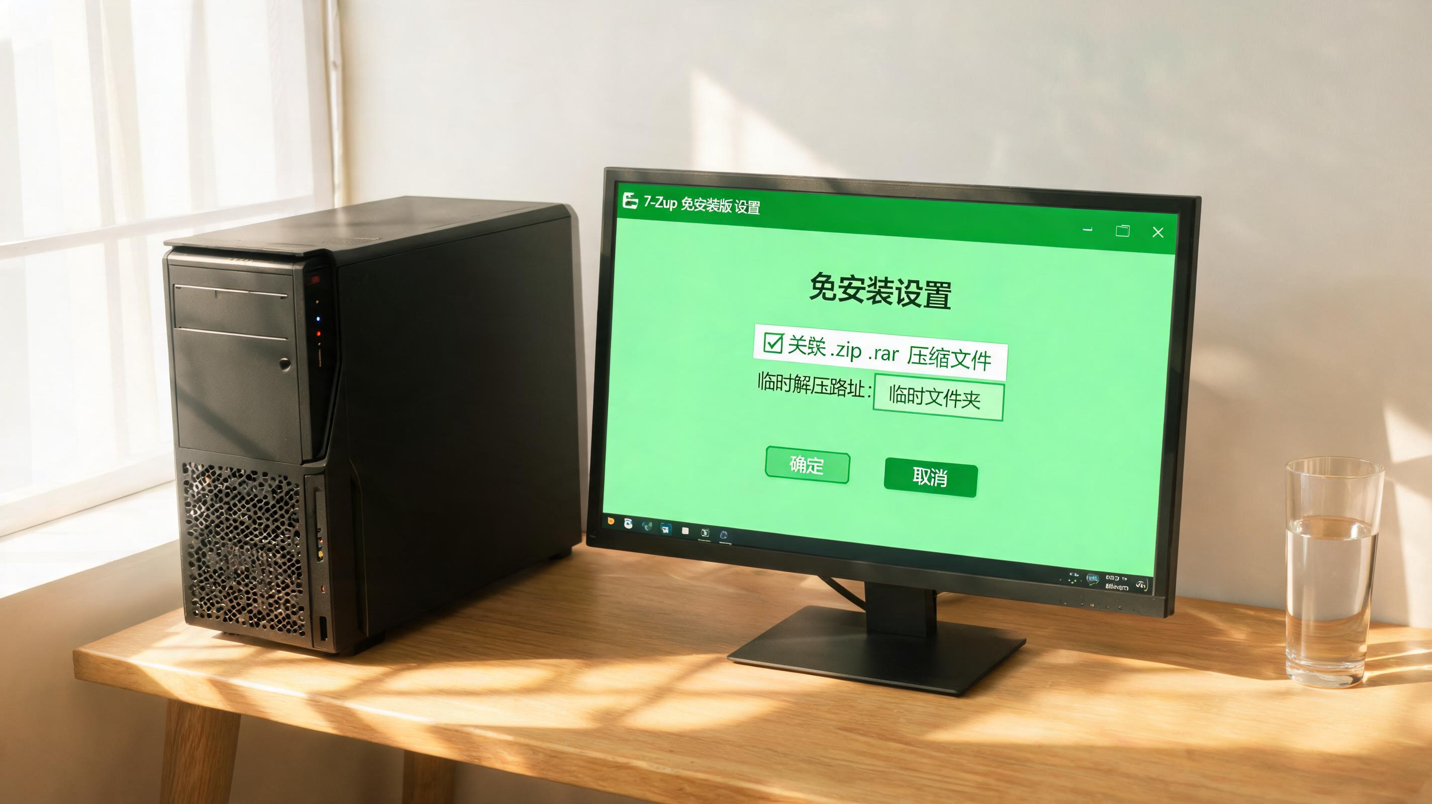 书桌上的主机，屏幕显示绿色版解压缩工具免安装设置界面，桌角放着水杯，自然光